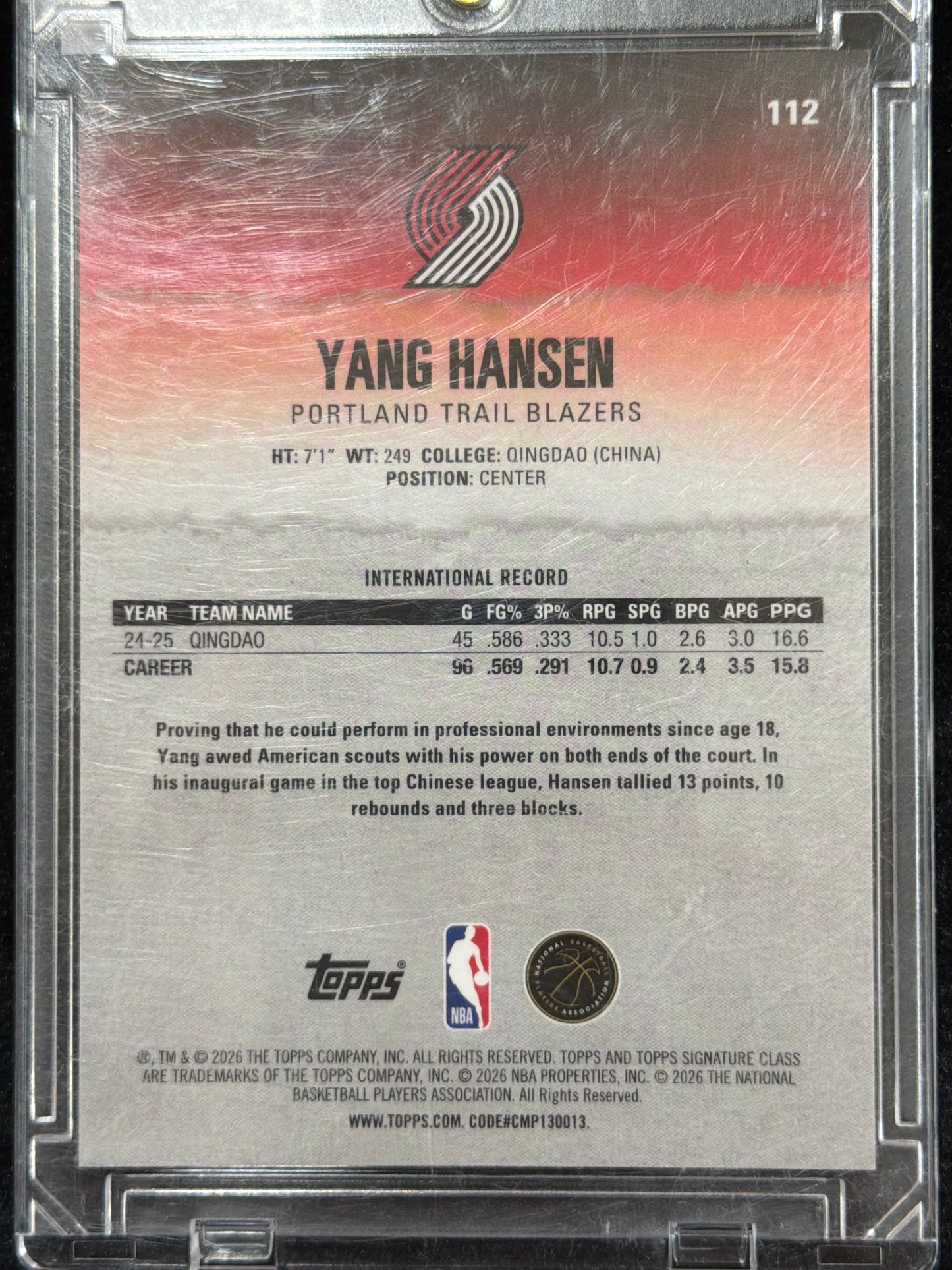2026 Topps Signature Class Yang Hansen #112 Orange /50 RC