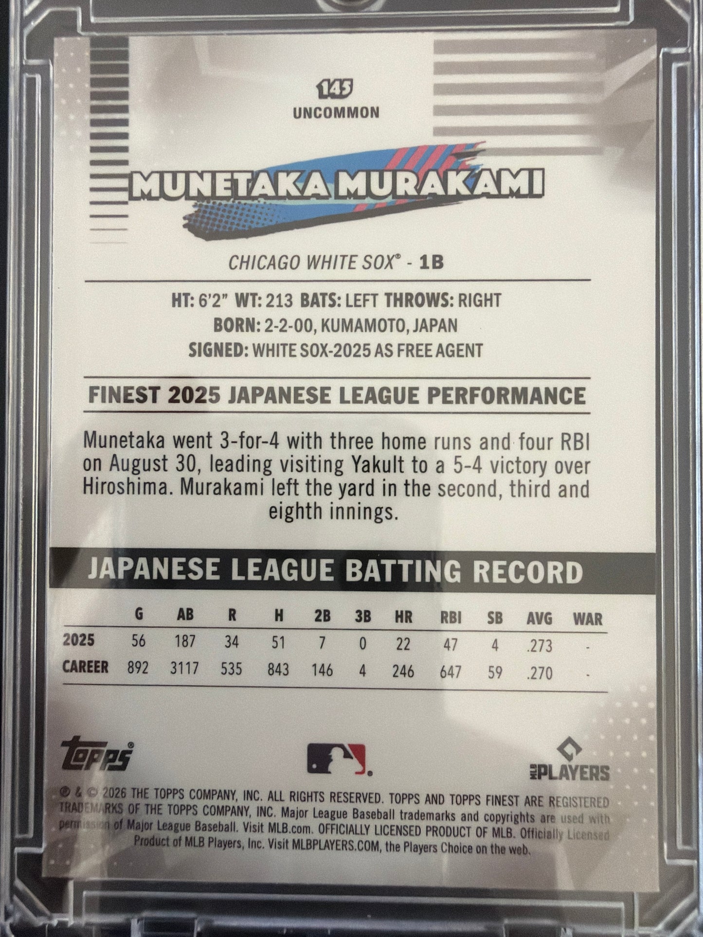 2026 Topps Finest Munetaka Murakami #145 Atomic Refractor RC