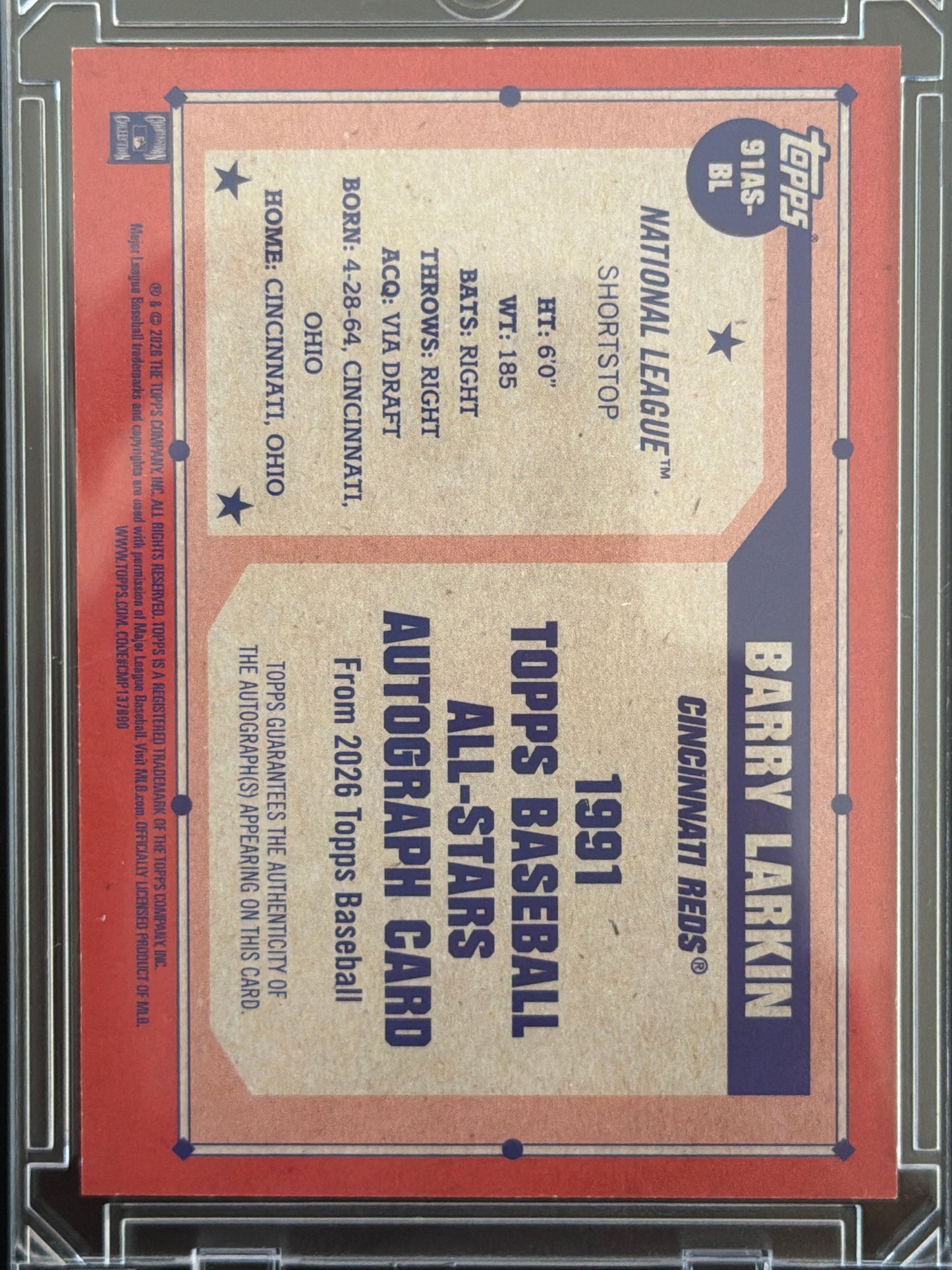 2026 Topps Baseball Barry Larkin #91AS-BL Topps Certified Autograph Issue