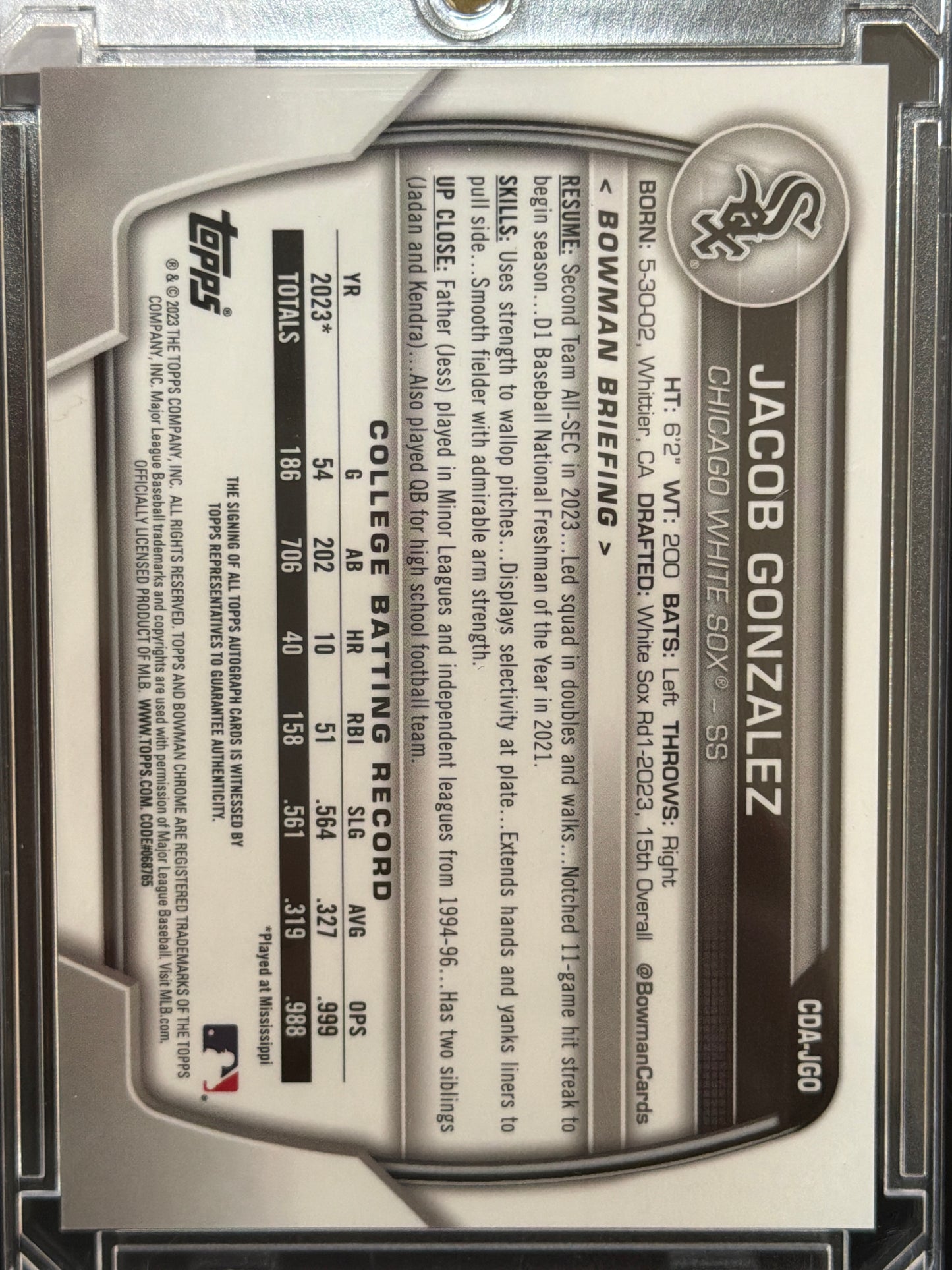 1994 Bowman Chrome Jacob Gonzalez #CDA-JGO 1st Bowman