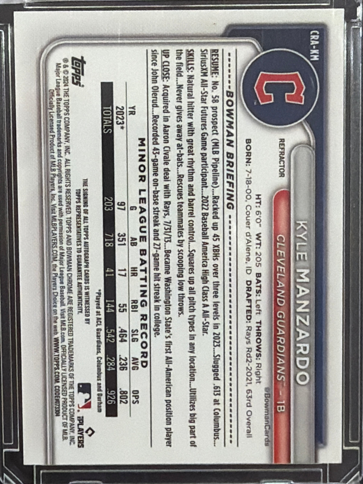 2024 Bowman Chrome Kyle Manzardo #CRA-KM Refractor /499 RC