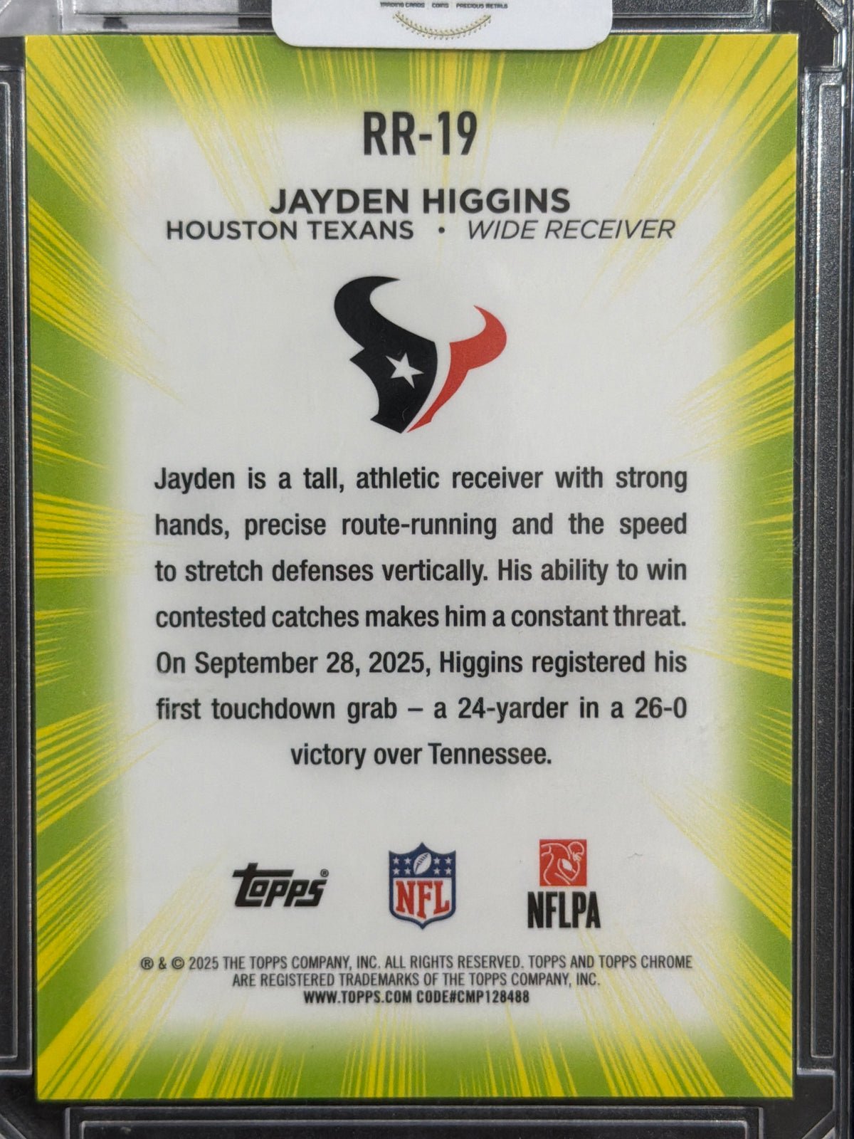 2025 Topps Chrome Jayden Higgins #RR-19 Yellow Refractor RC