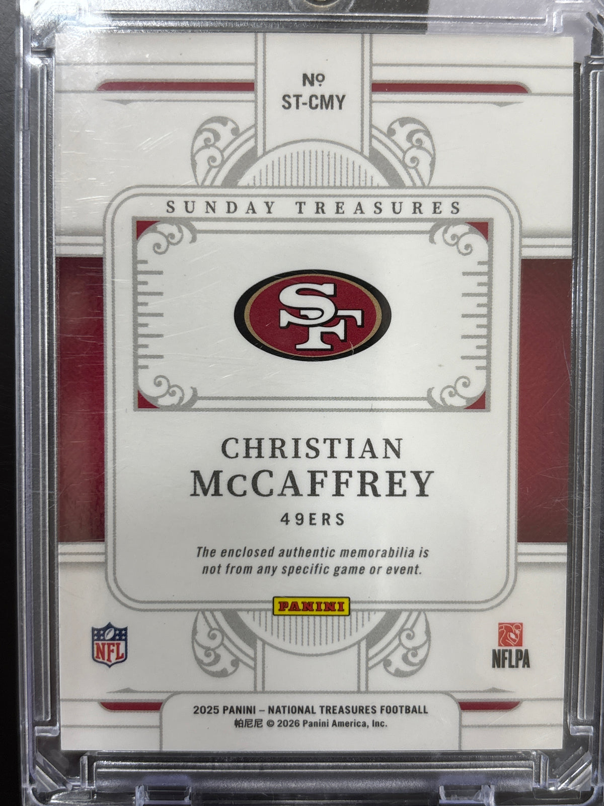 2025 Panini  Treasures Christian McCaffrey #ST-CMY /99 Memorabilia Dual Patch