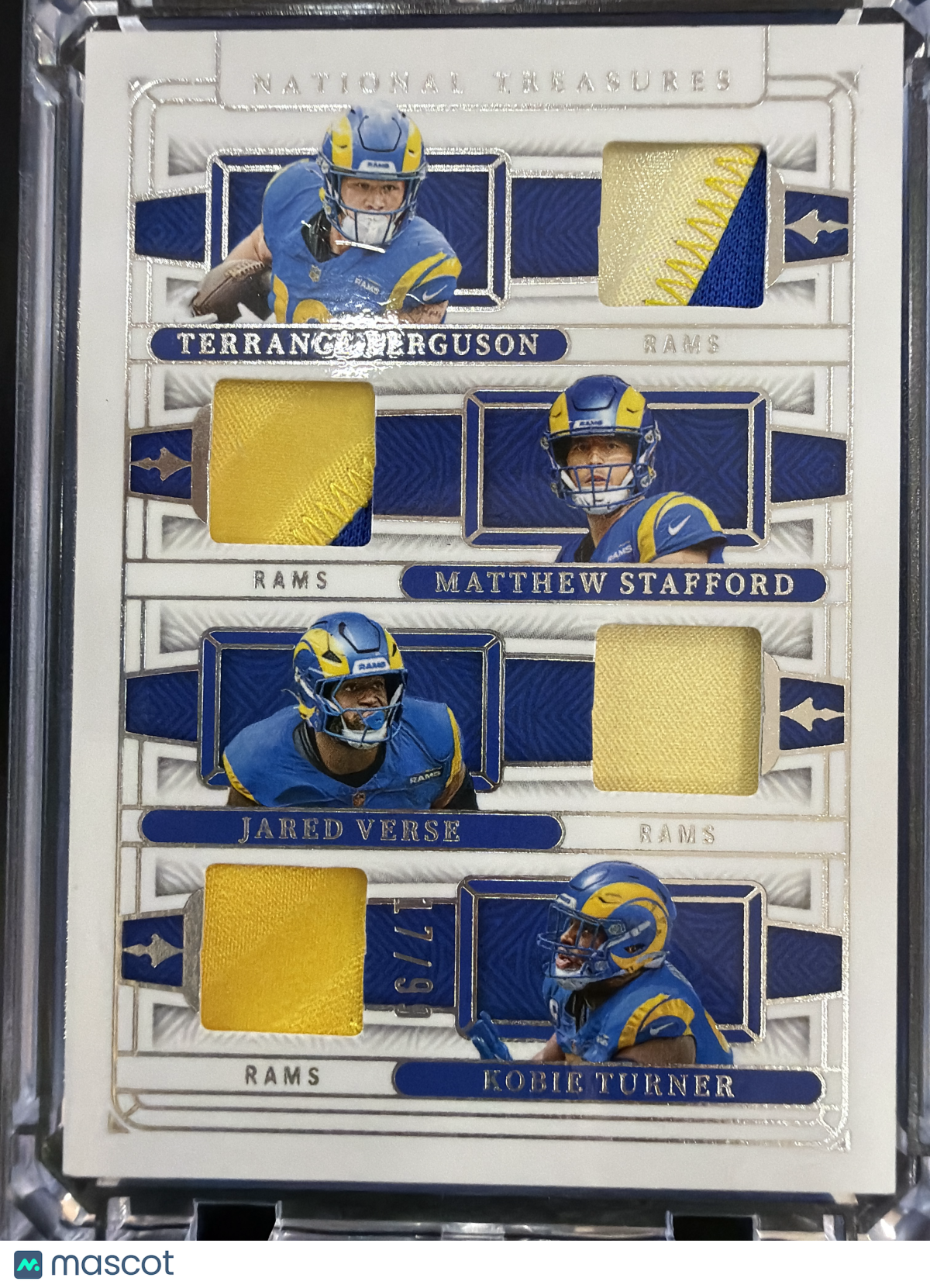 2025 Panini National Treasures Terrance Ferguson Jared Verse Matthew Stafford Kobie Turner #NQM-LAR /99 Memorabilia Quad Materials