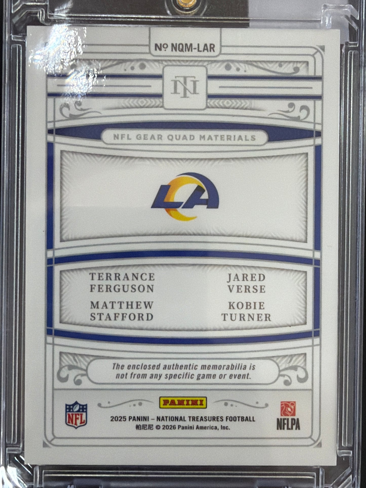 2025 Panini National Treasures Terrance Ferguson Jared Verse Matthew Stafford Kobie Turner #NQM-LAR /99 Memorabilia Quad Materials