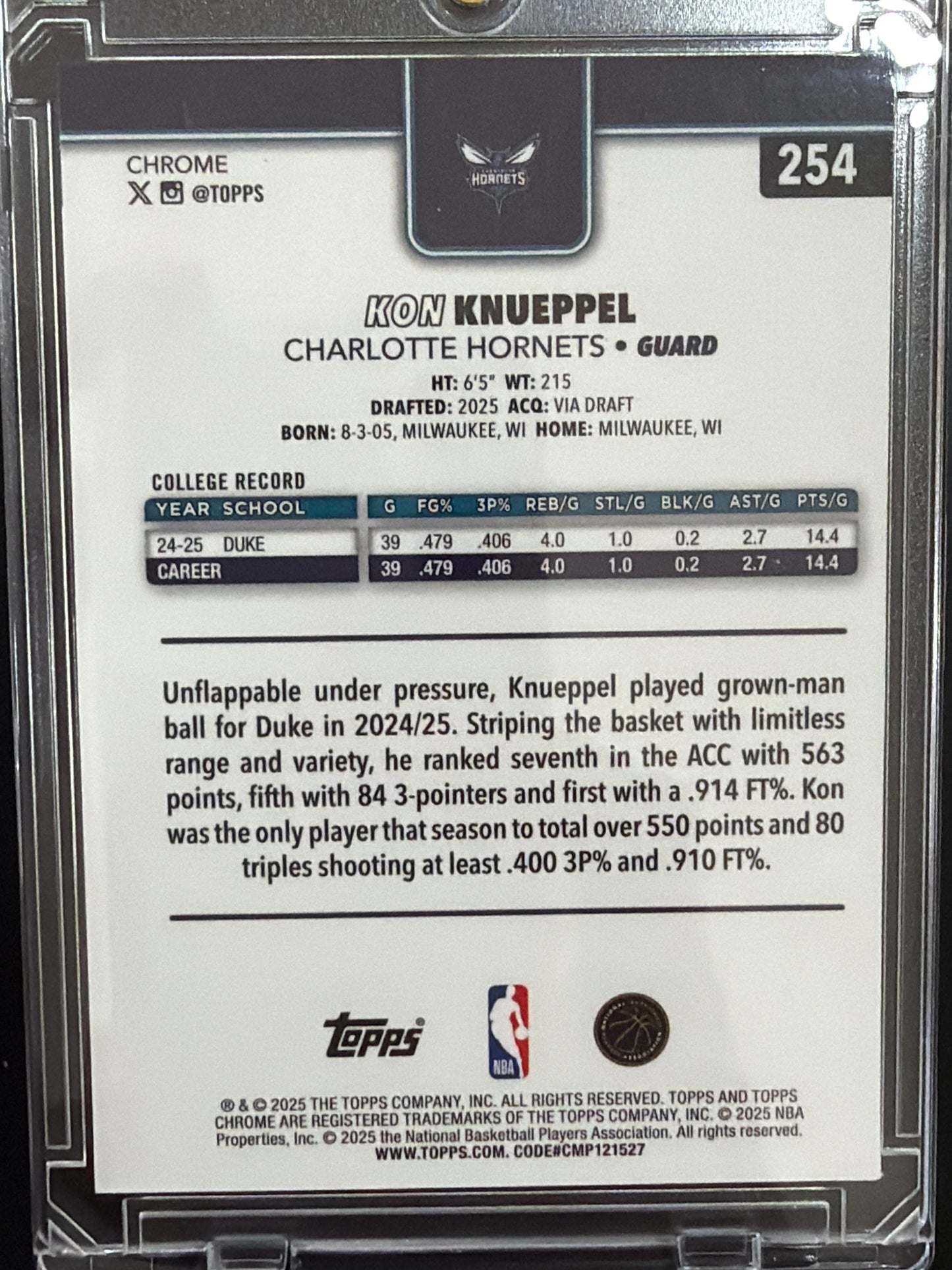 2025 Topps Chrome Kon Knueppel #254 Refractor RC