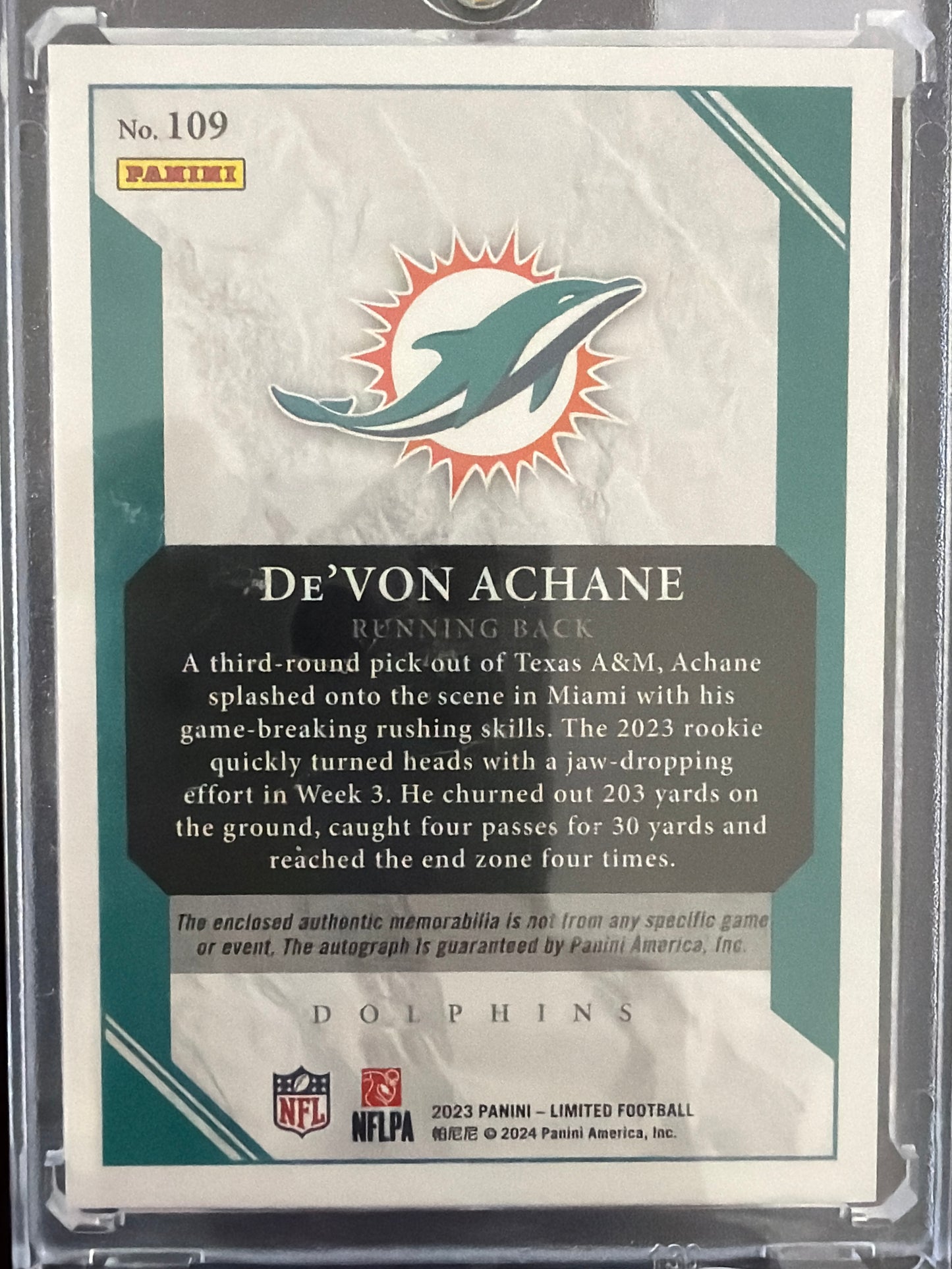 2023 Panini Limited De'Von Achane #109 /99 Patch RC Memorabilia