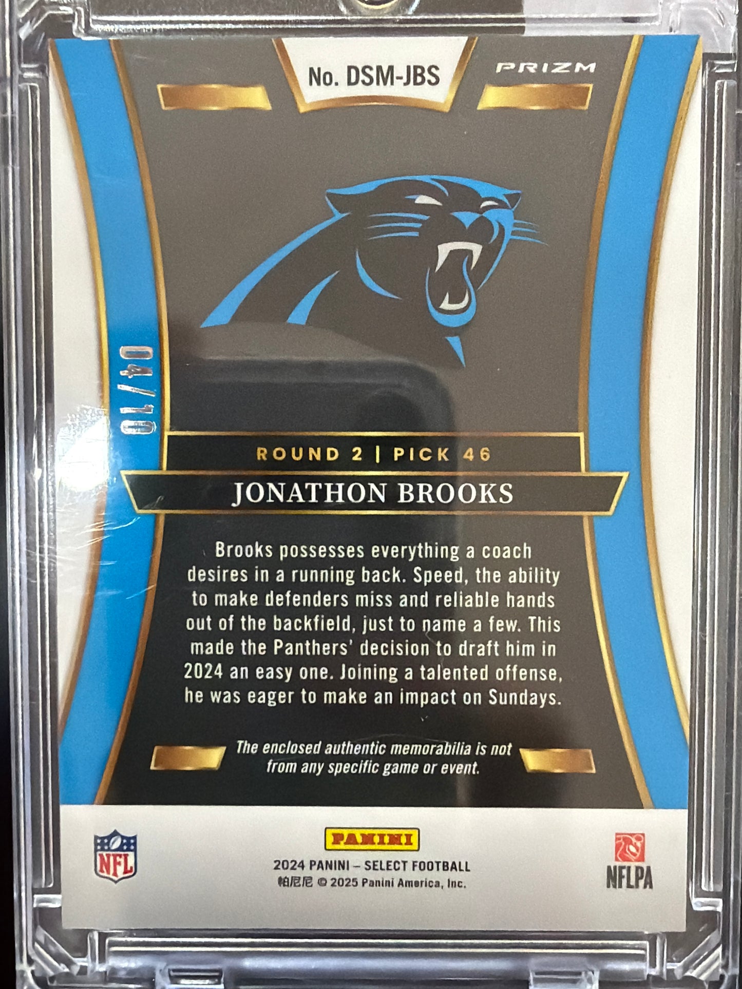 2024 Panini Select Draft Selections Jonathon Brooks #DSM-JBS /10 RC Memorabilia