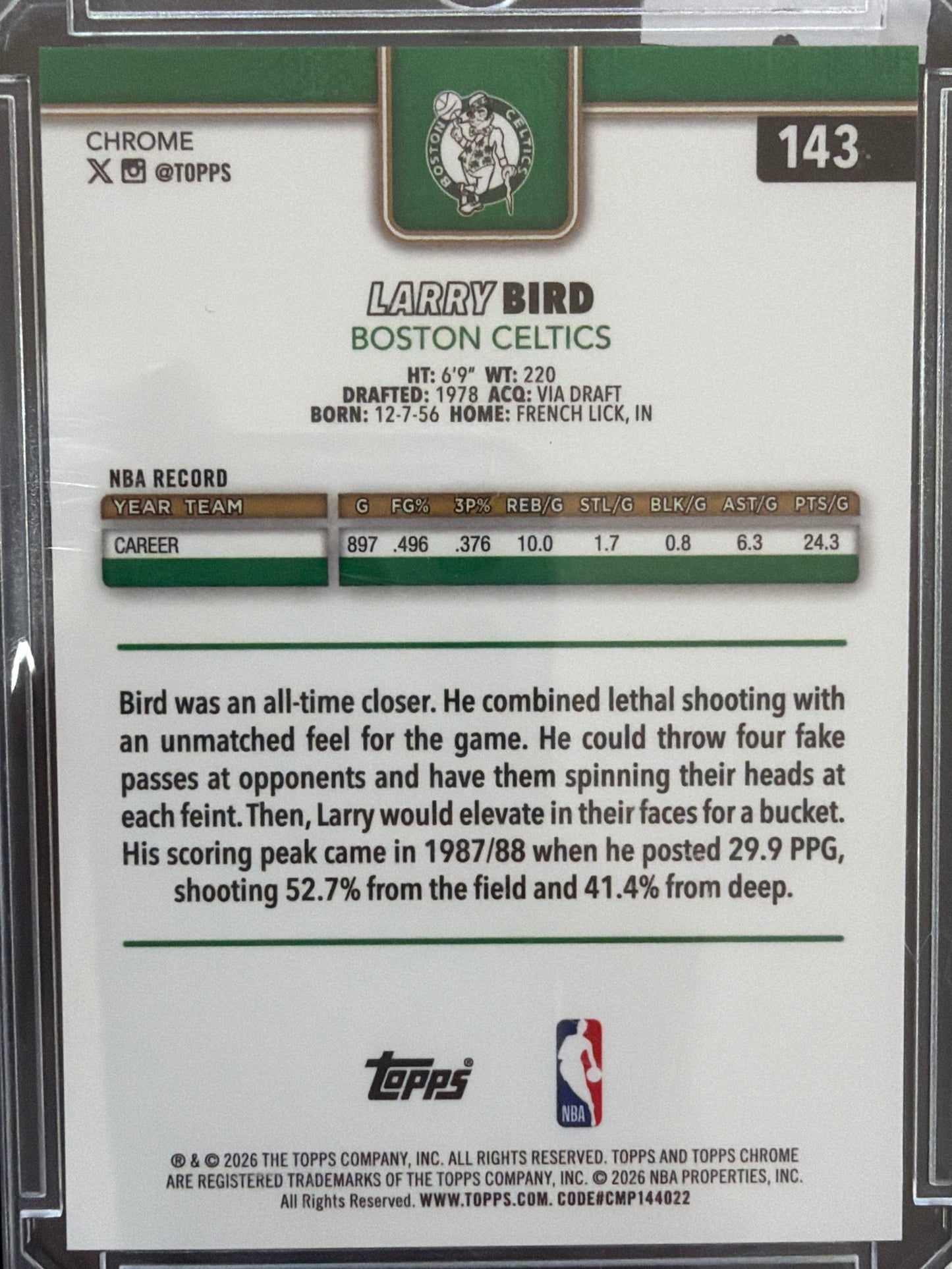 2026 Topps Chrome Basketball Larry Bird #143 Orange Refractor /25