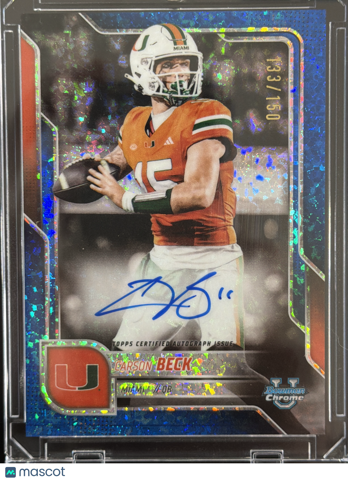 2025 Bowman Chrome Football Carson Beck #BCA-CBE Blue Shimmer Refractor /150