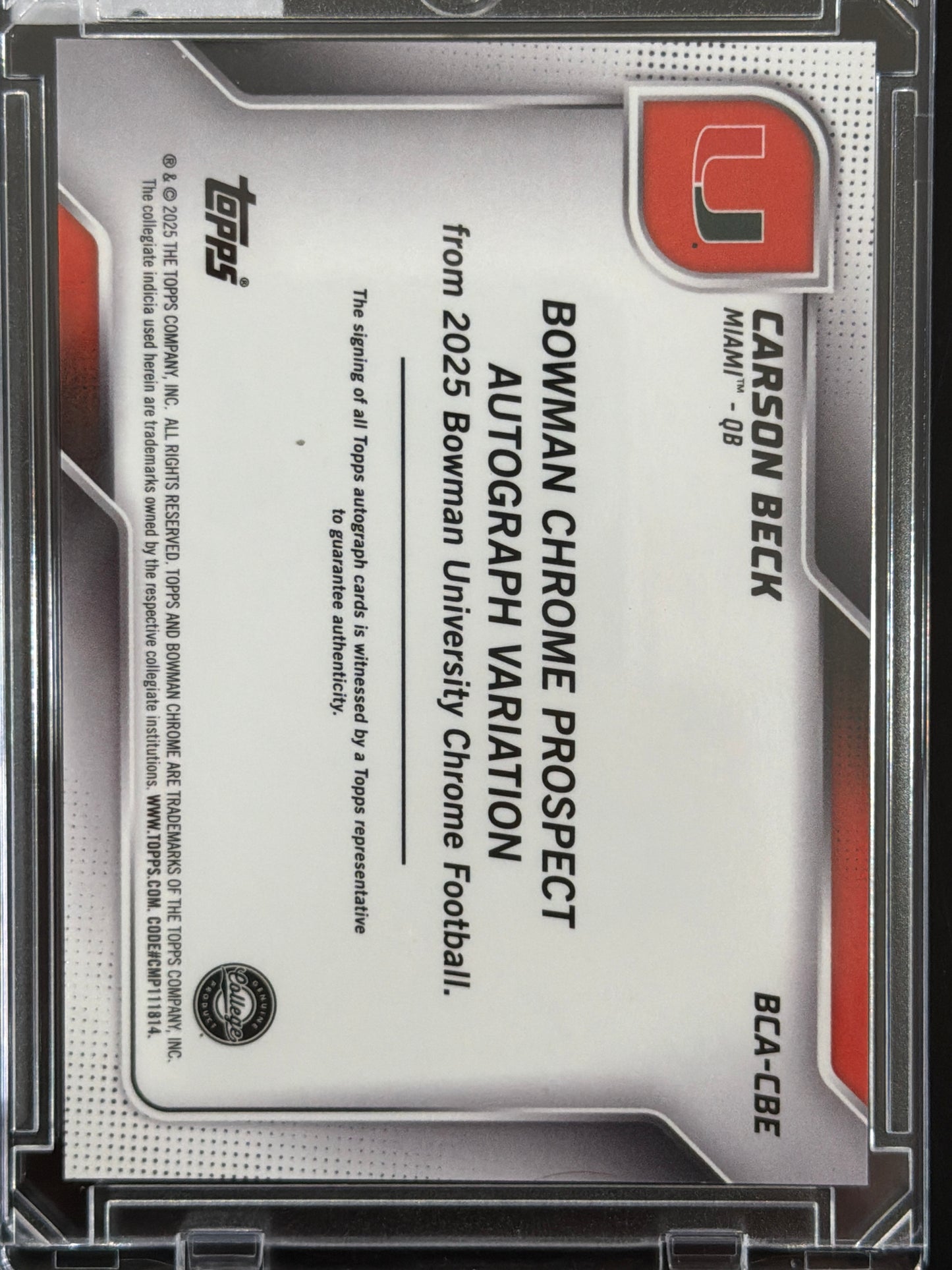 2025 Bowman Chrome Football Carson Beck #BCA-CBE Blue Shimmer Refractor /150