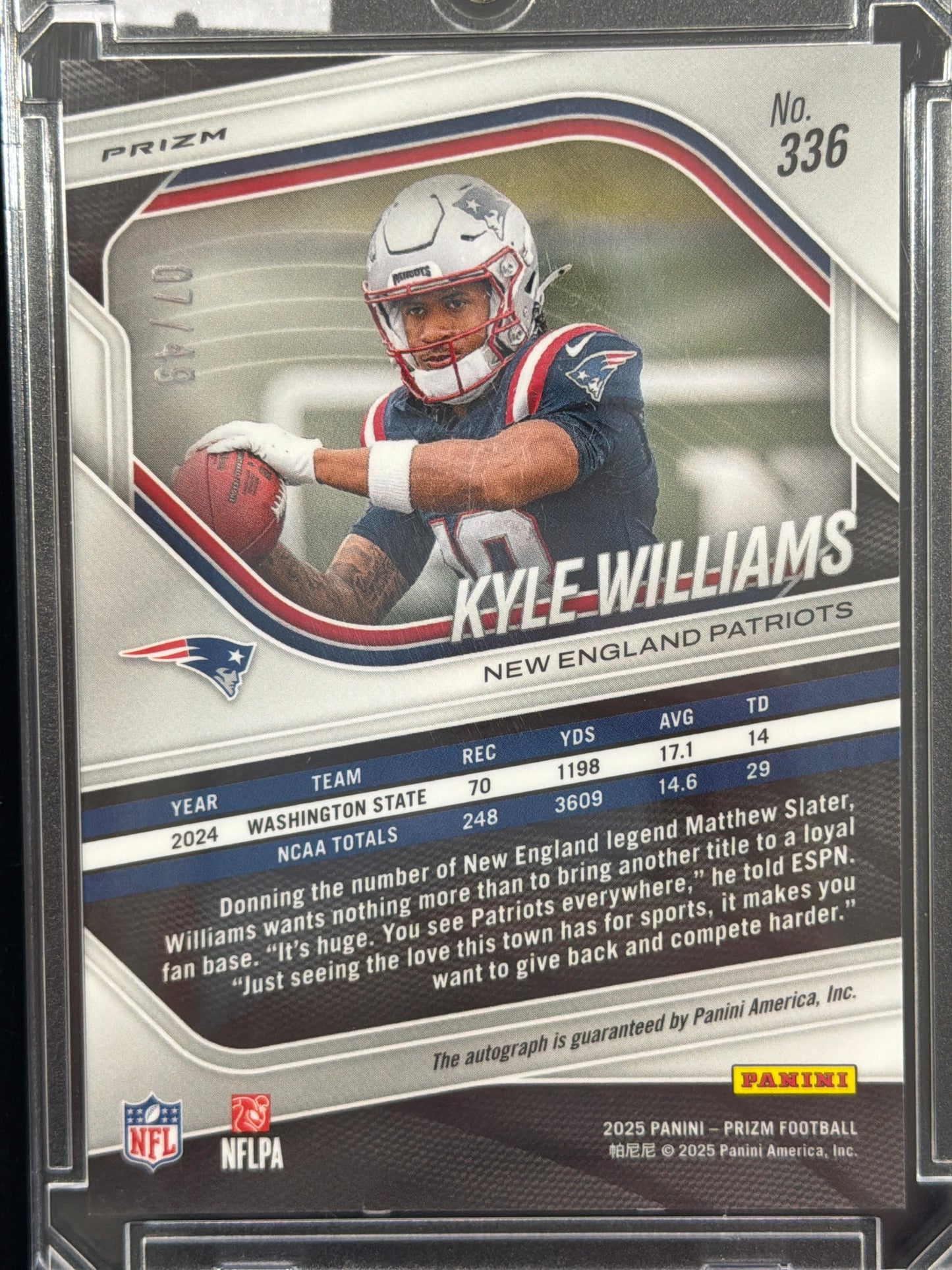 2025 Panini Prizm Football Kyle Williams #336 Purple Pulsar /49 RC