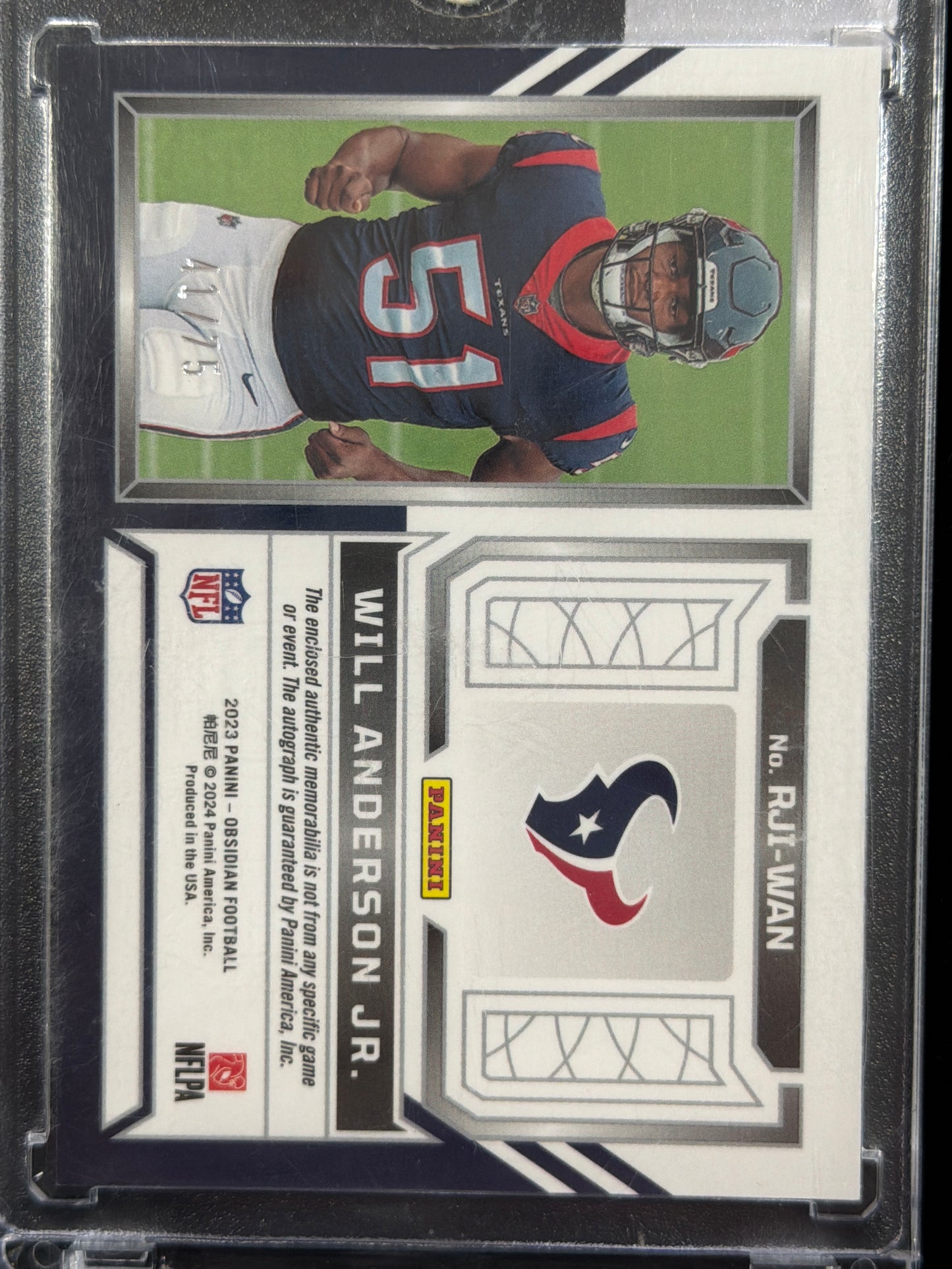 2023 Panini Obsidian  Will Anderson Jr. #RJI-WAN /75 Dual Patch RC Memorabilia