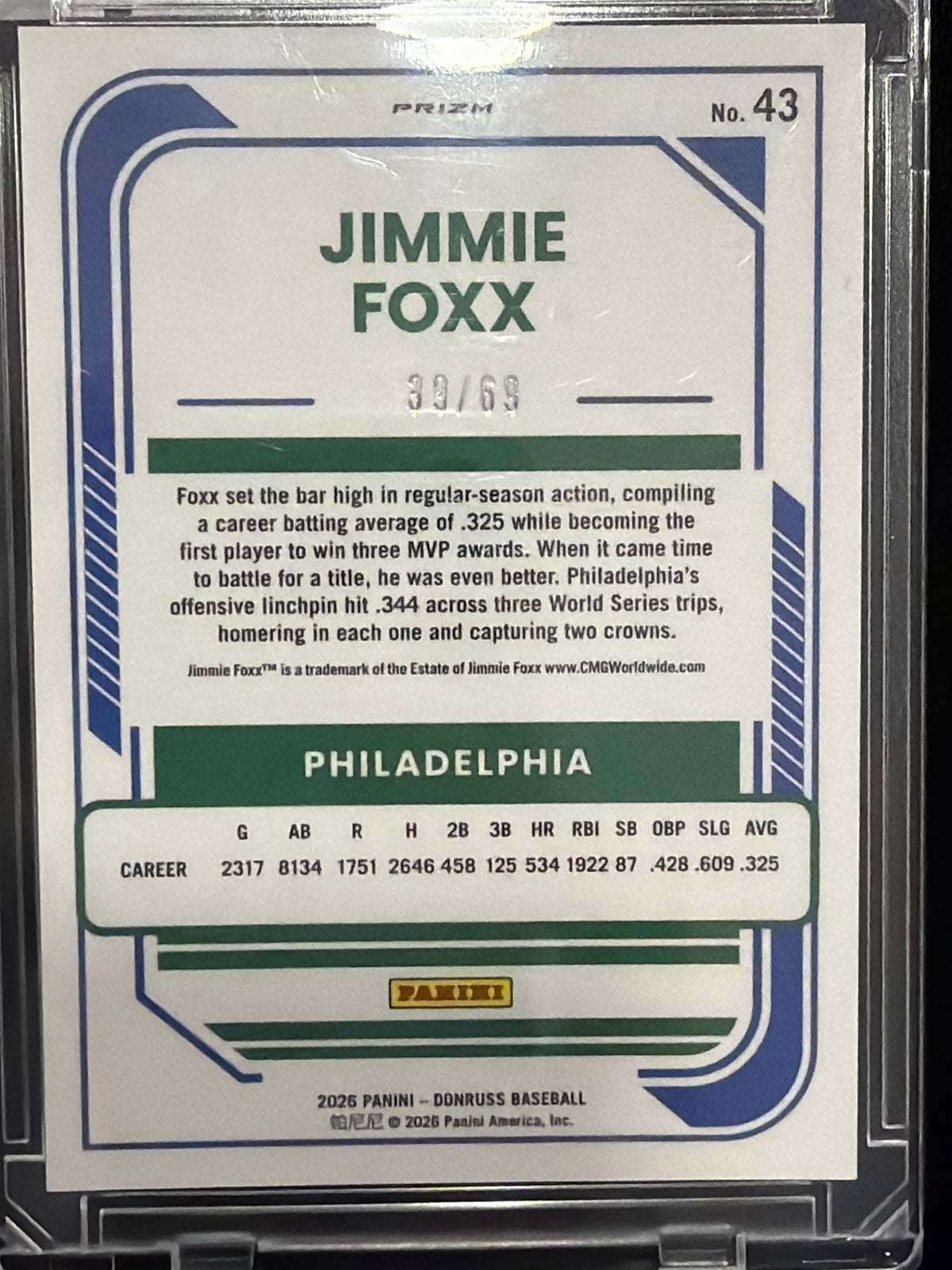 2026 Panini Donruss Optic Baseball Jimmie Foxx #43 Yellow Laser /69