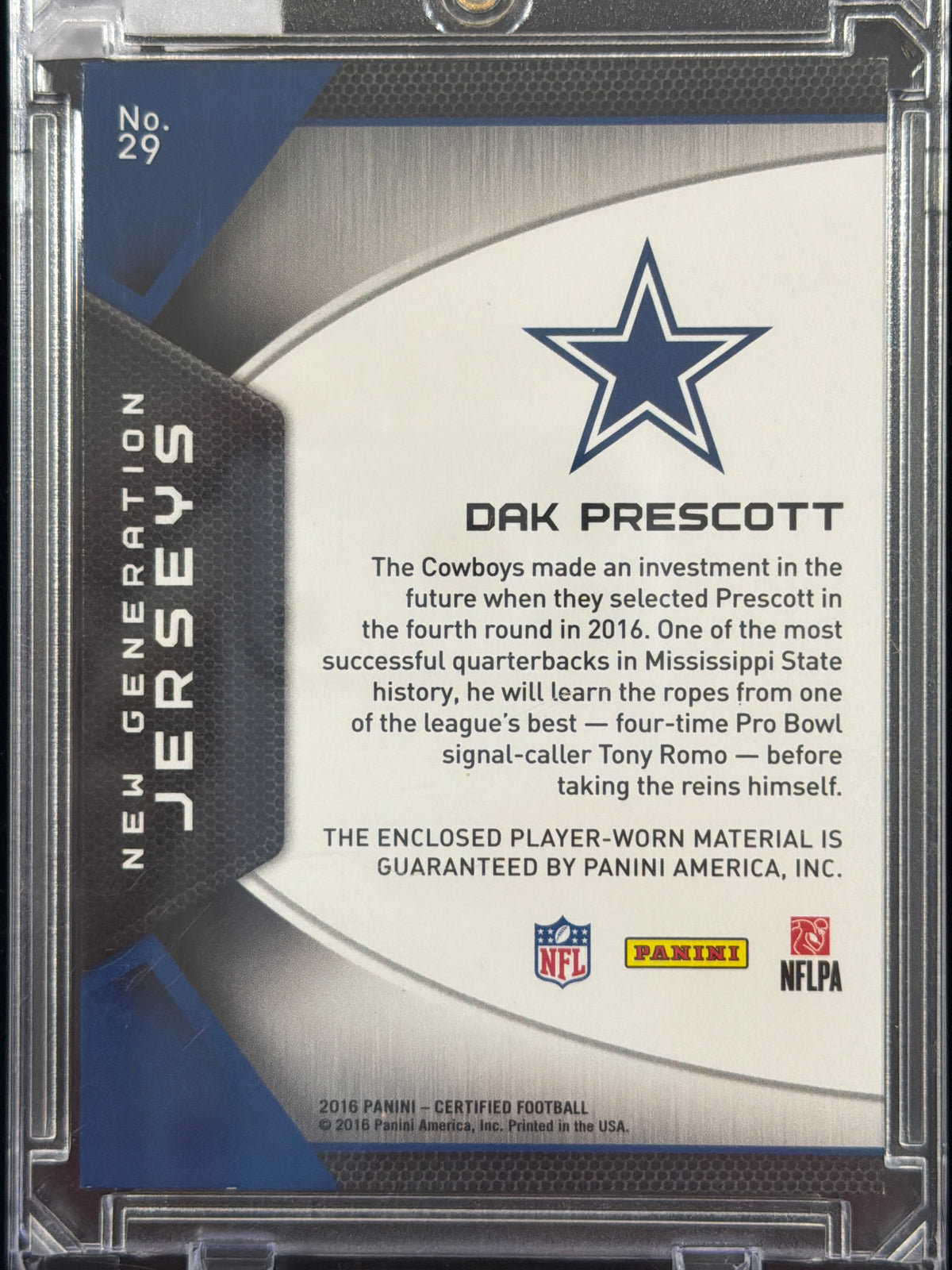 2016 Panini New Generation Jerseys Dak Prescott #29 /399 RC Memorabilia Jersey
