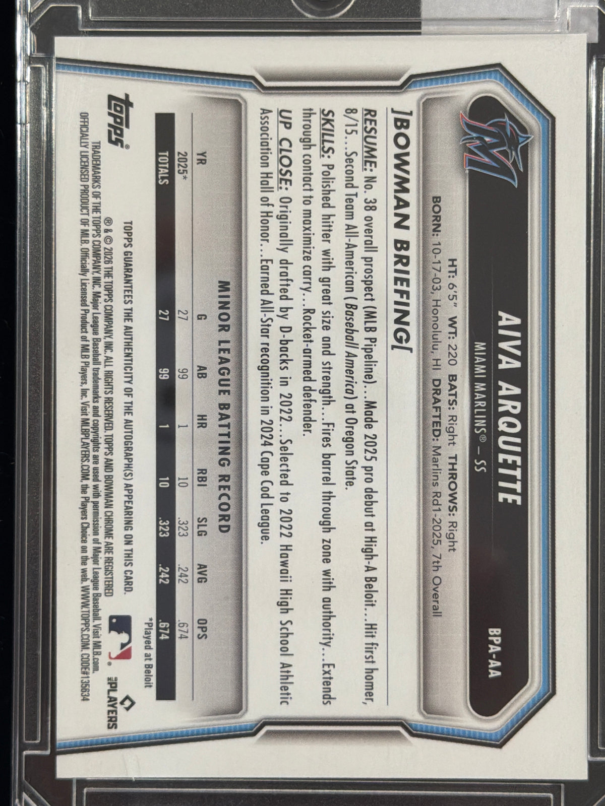 2026 Bowman Draft Aiva Arquette #BPA-AA Gold Refractor /50