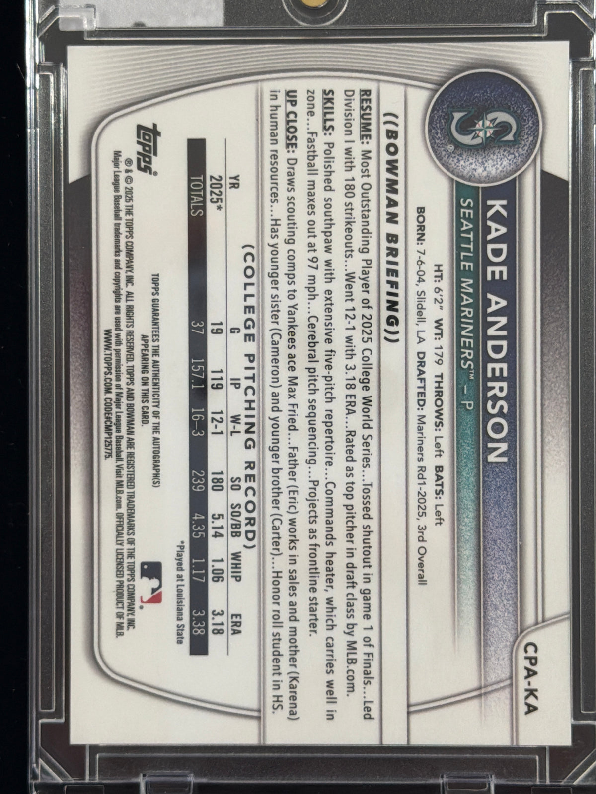 2025 Bowman Chrome Kade Anderson #CPA-KA Blue /150