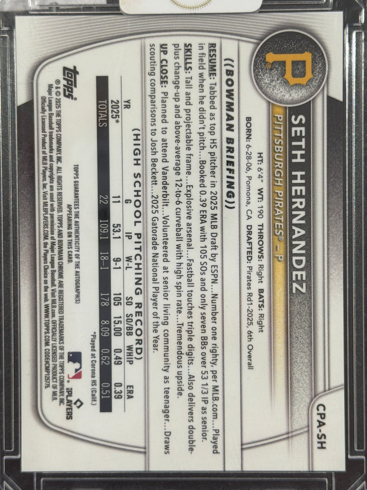 2025 Bowman Chrome Seth Hernandez #CPA-SH Green Refractor /99