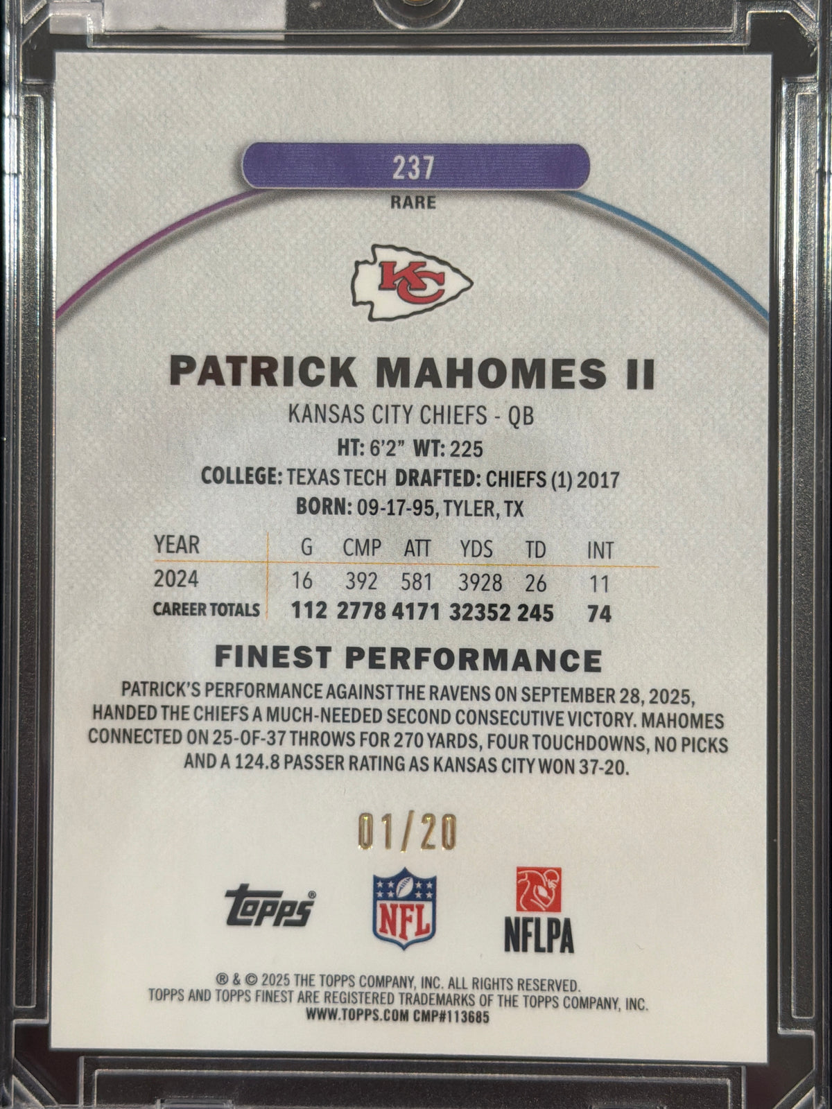 2025 Topps Finest Patrick Mahomes II #237 Gold Refractor /20