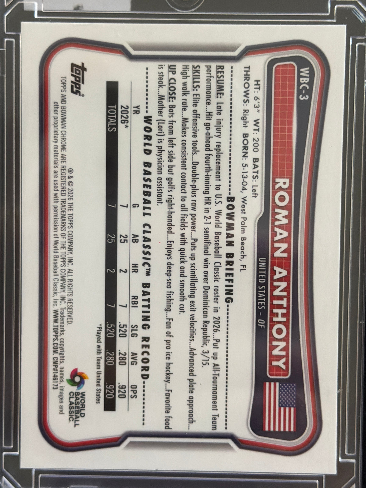 2026 Bowman Chrome World Baseball Classic Roman Anthony #WBC-3 Green /99