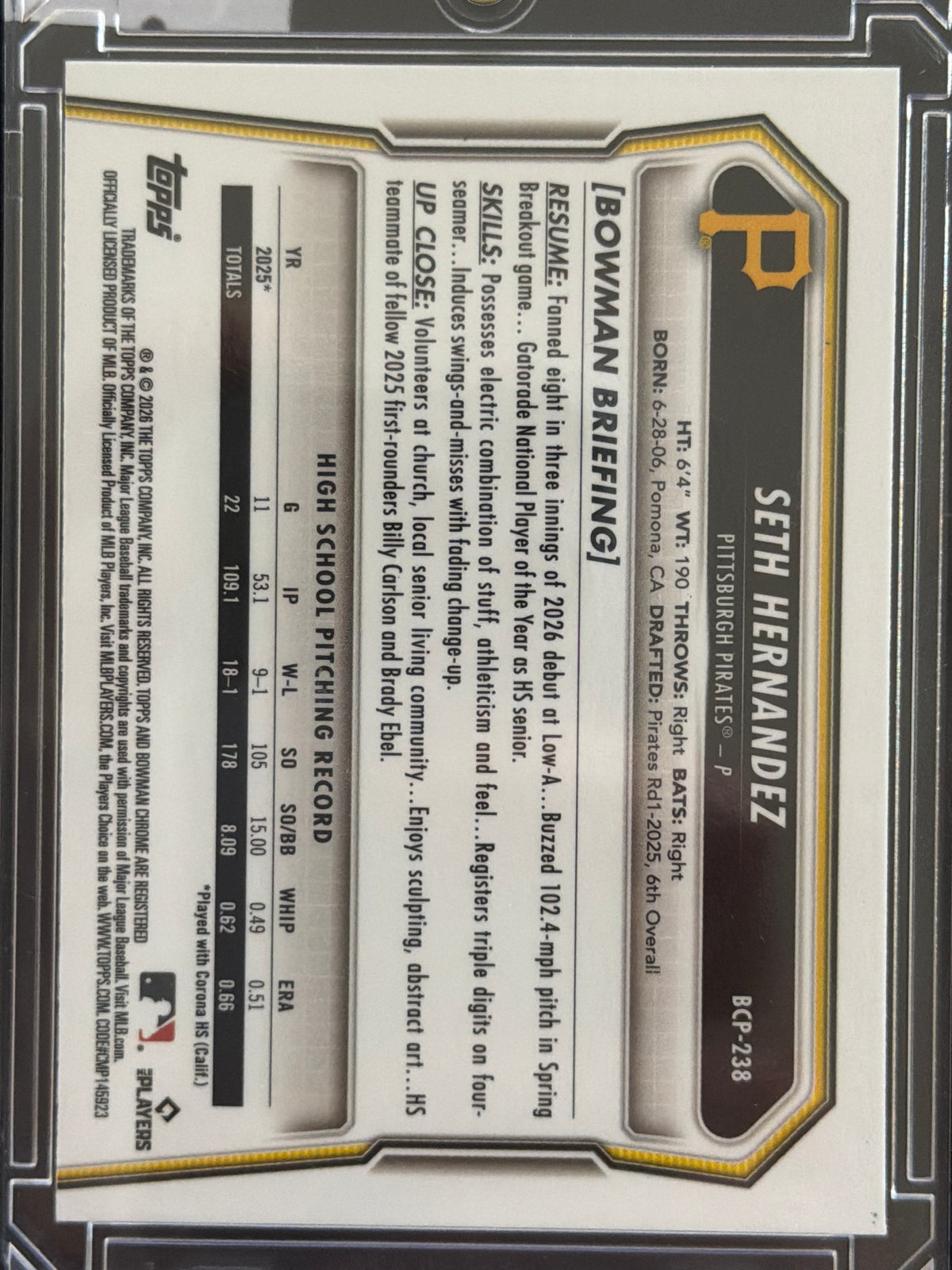 2026 Bowman Chrome Seth Hernandez #BCP-238 Yellow Refractor /75