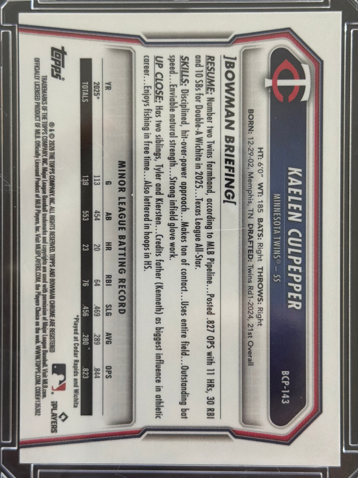 2026 Bowman Chrome Kaelen Culpepper #BCP-143 Gold Geometric Refractor /50