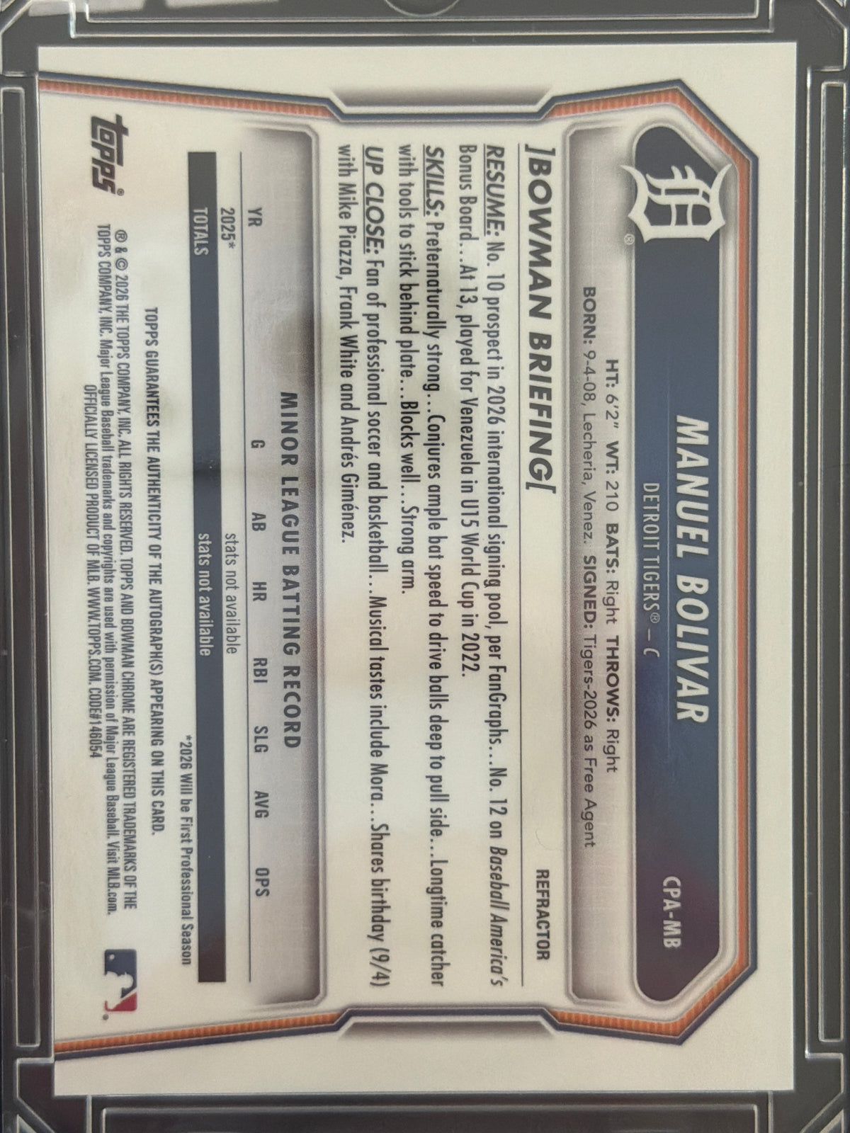 2026 Bowman Chrome Manuel Bolivar #CPA-MB Refractor /499