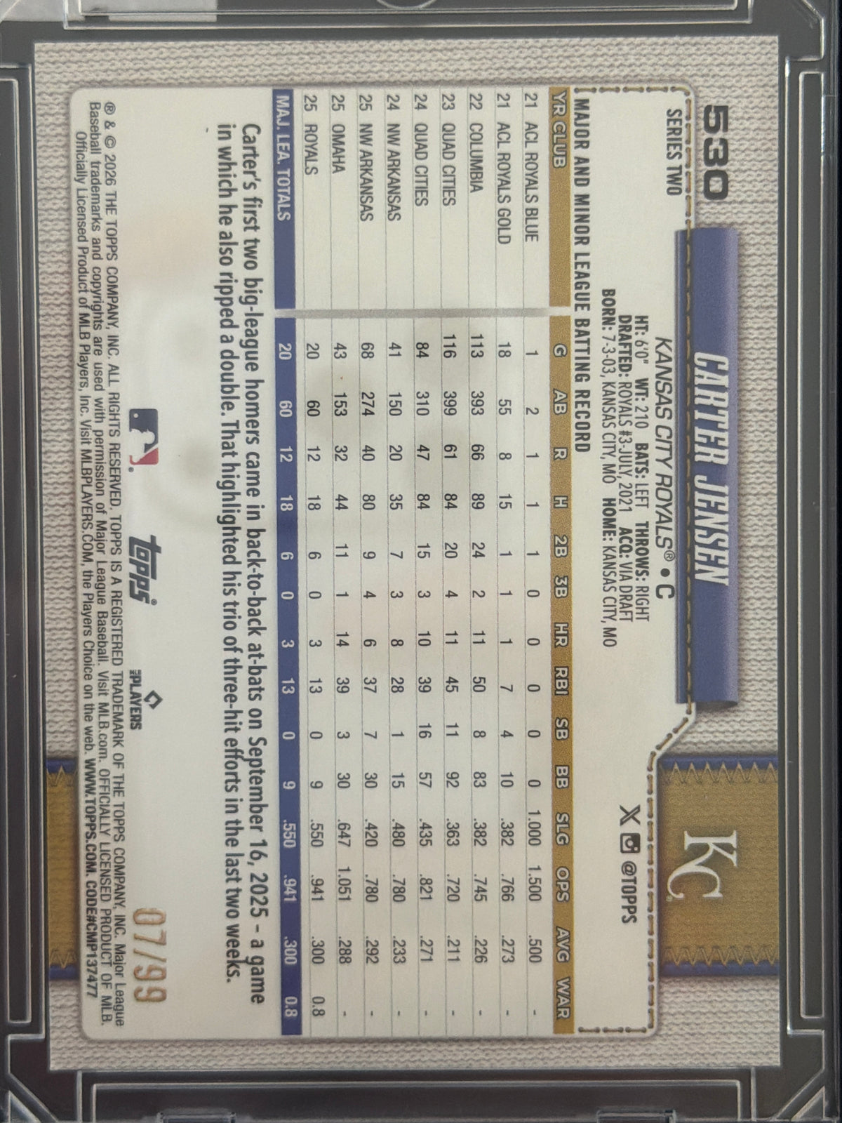 2026 Topps Series Two Carter Jensen #530 Green /99 RC