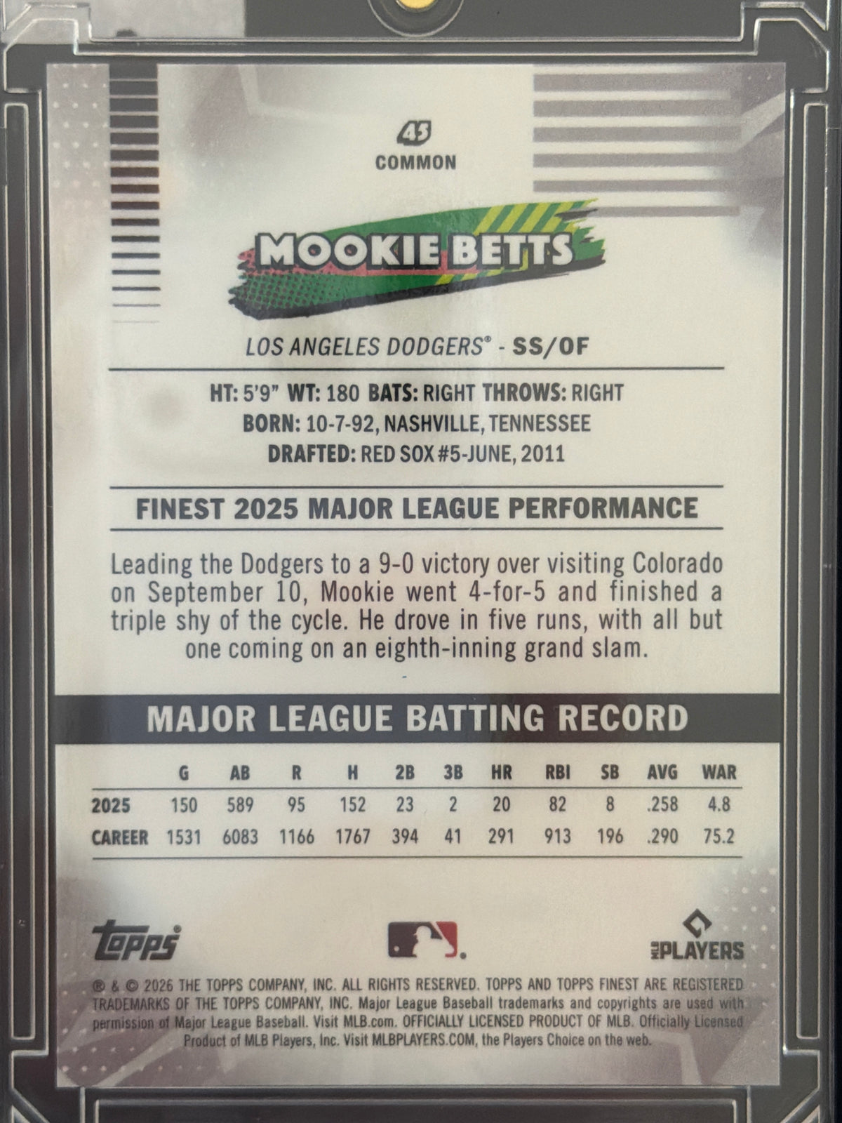 2026 Topps Finest Mookie Betts #45 Gold Refractor X /50