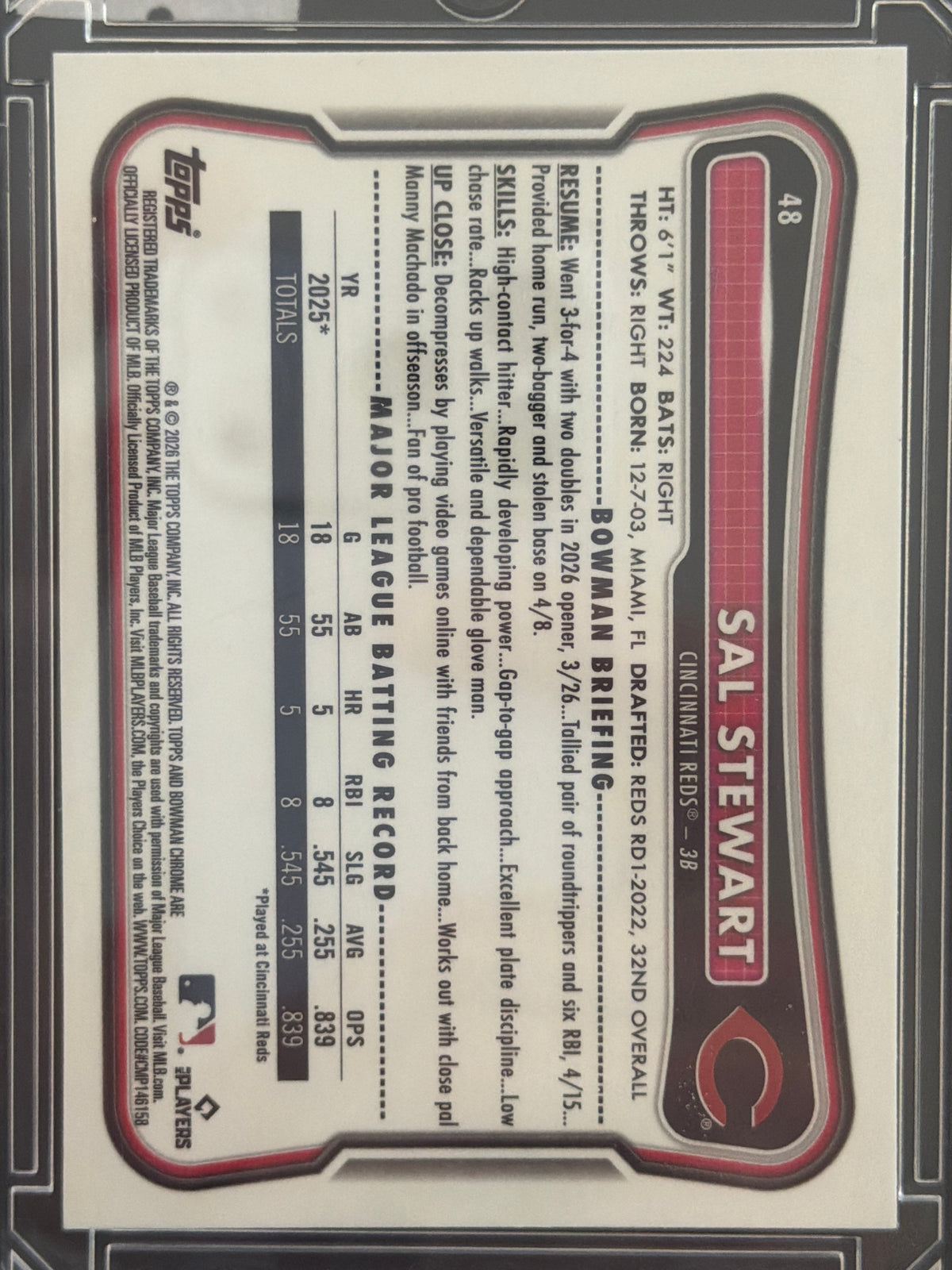 2026 Bowman Chrome Sal Stewart #48 Red Rookie RC