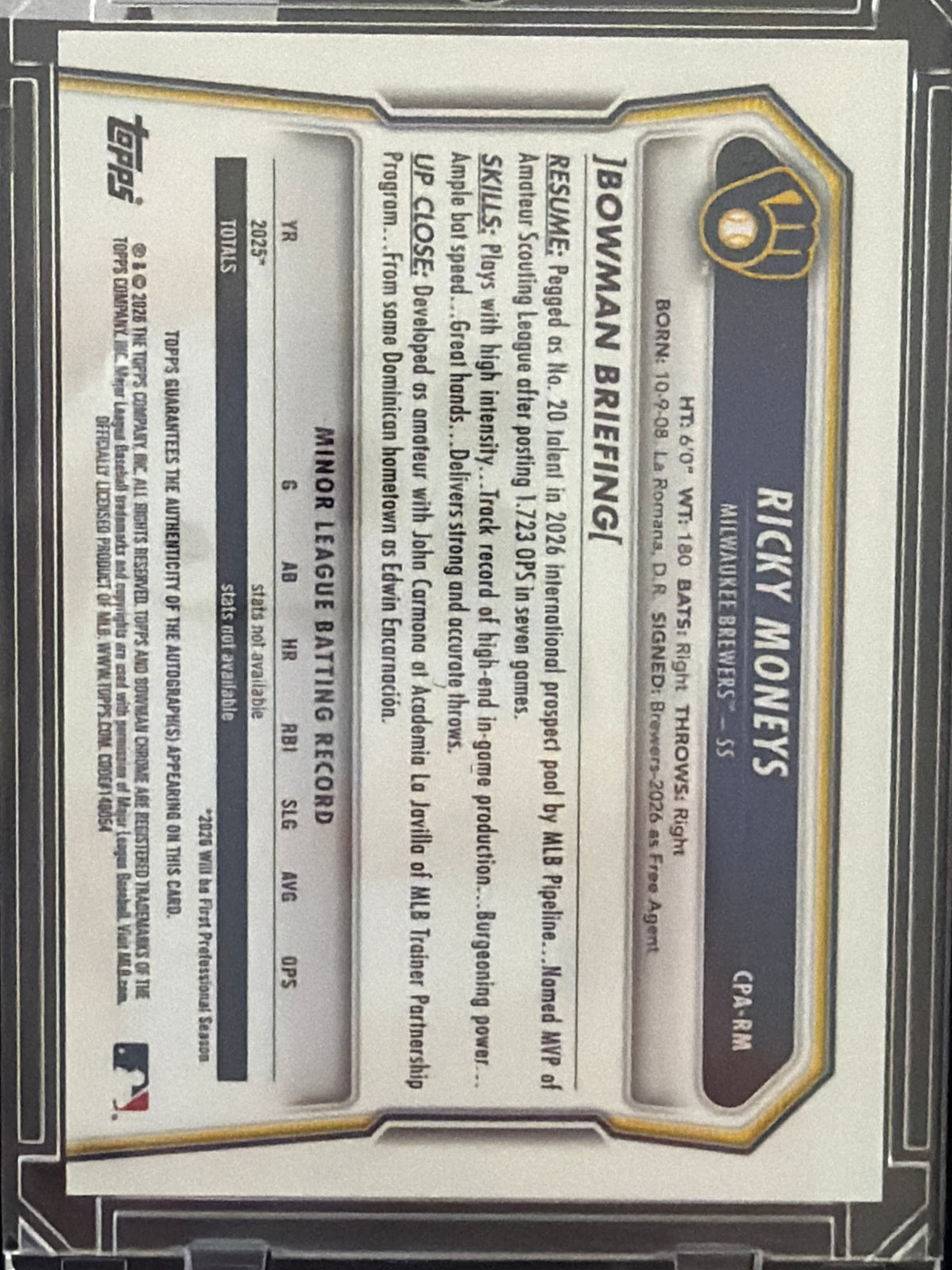 2026 Bowman Chrome Ricky Moneys #CPA-RM