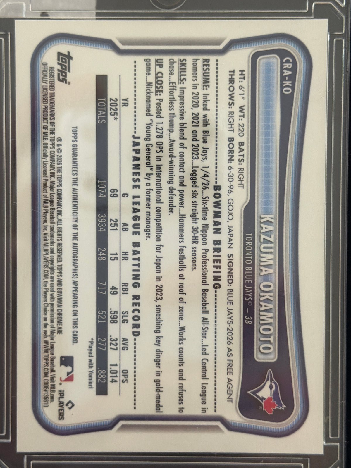 2026 Bowman Chrome Kazuma Okamoto #CRA-KO RC