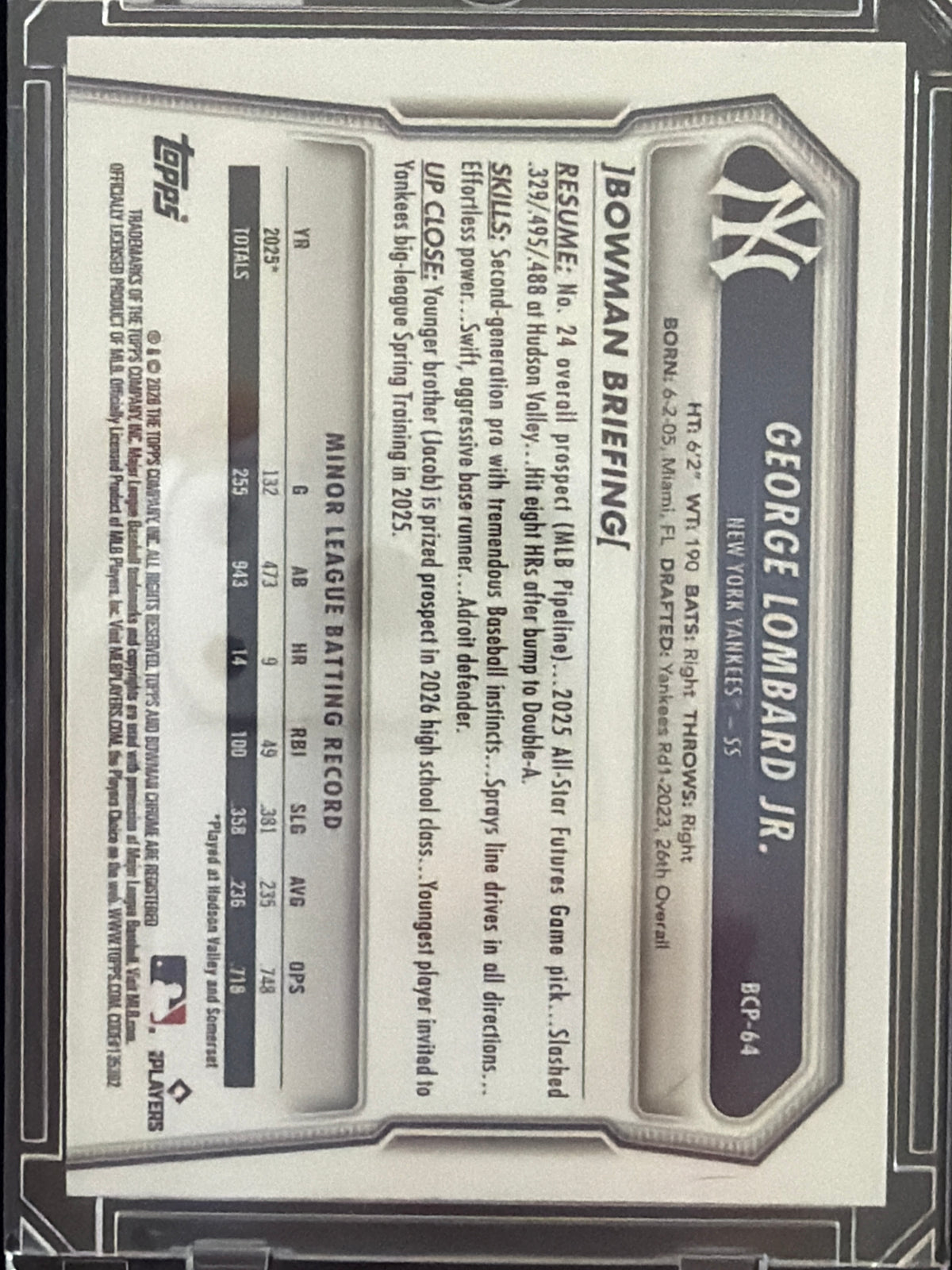 2026 Bowman Chrome George Lombard Jr. #BCP-64 Purple Refractor /250
