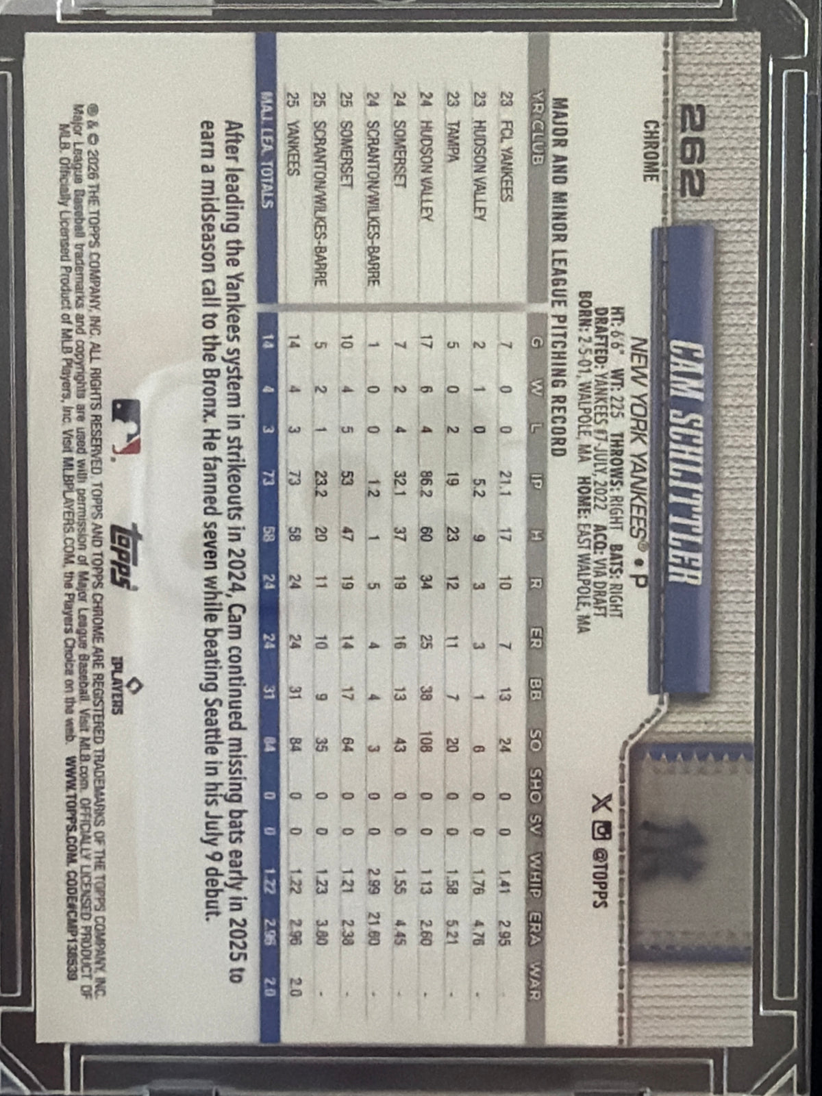 2026 Topps Chrome Cam Schlittler #262 Prizm RC