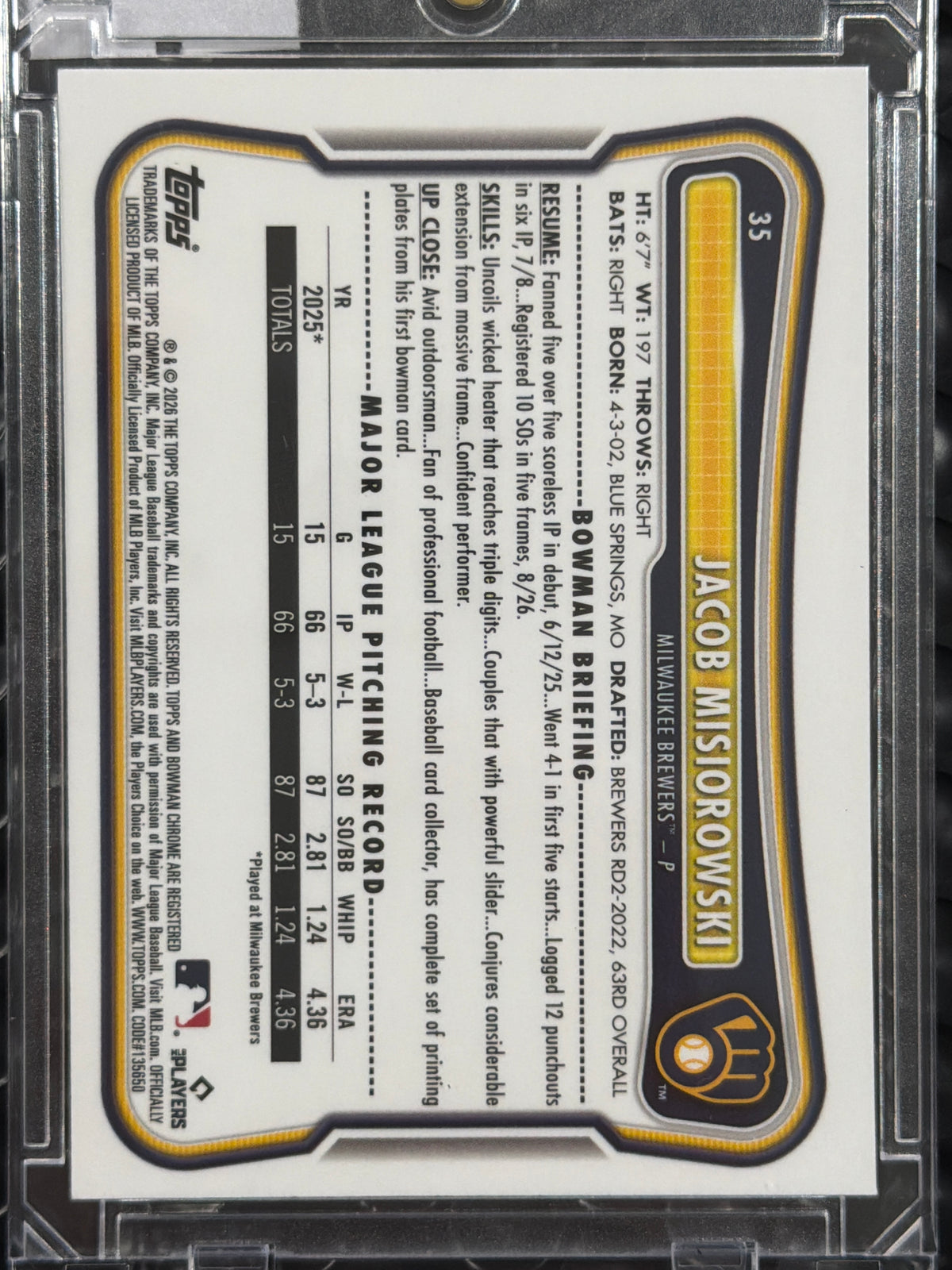 2026 Bowman Chrome Jacob Misiorowski #35 Refractor red Rookie RC