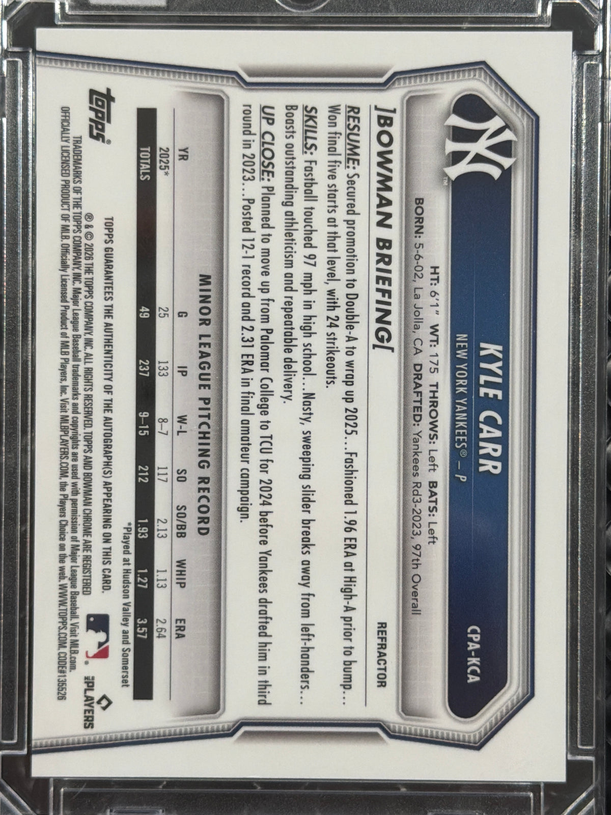 2026 Bowman Chrome Kyle Carr #CPA-KCA Refractor /499