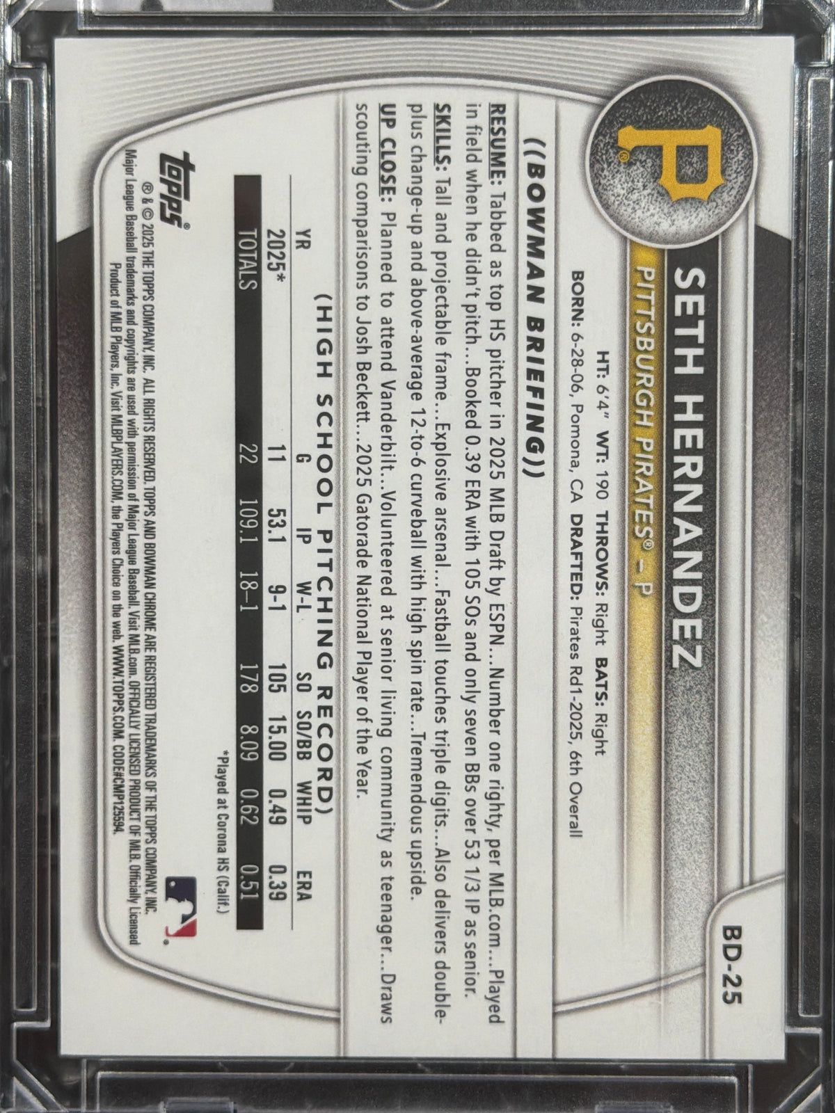 2025 Bowman Draft Seth Hernandez #BD-25 Blue /150