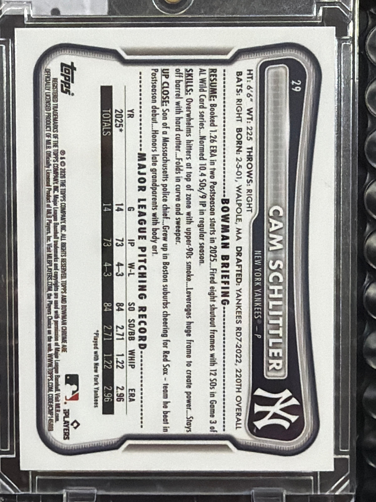 2026 Bowman Chrome Cam Schlittler #29 Pink Shimmer /299 RC