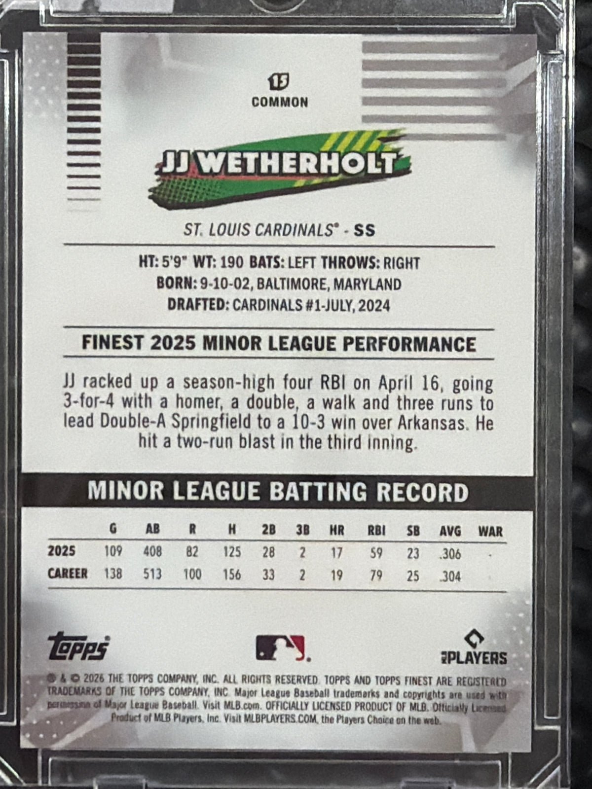 2026 Topps Finest JJ Wetherholt #15 Orange Speckle Refractor /25 RC
