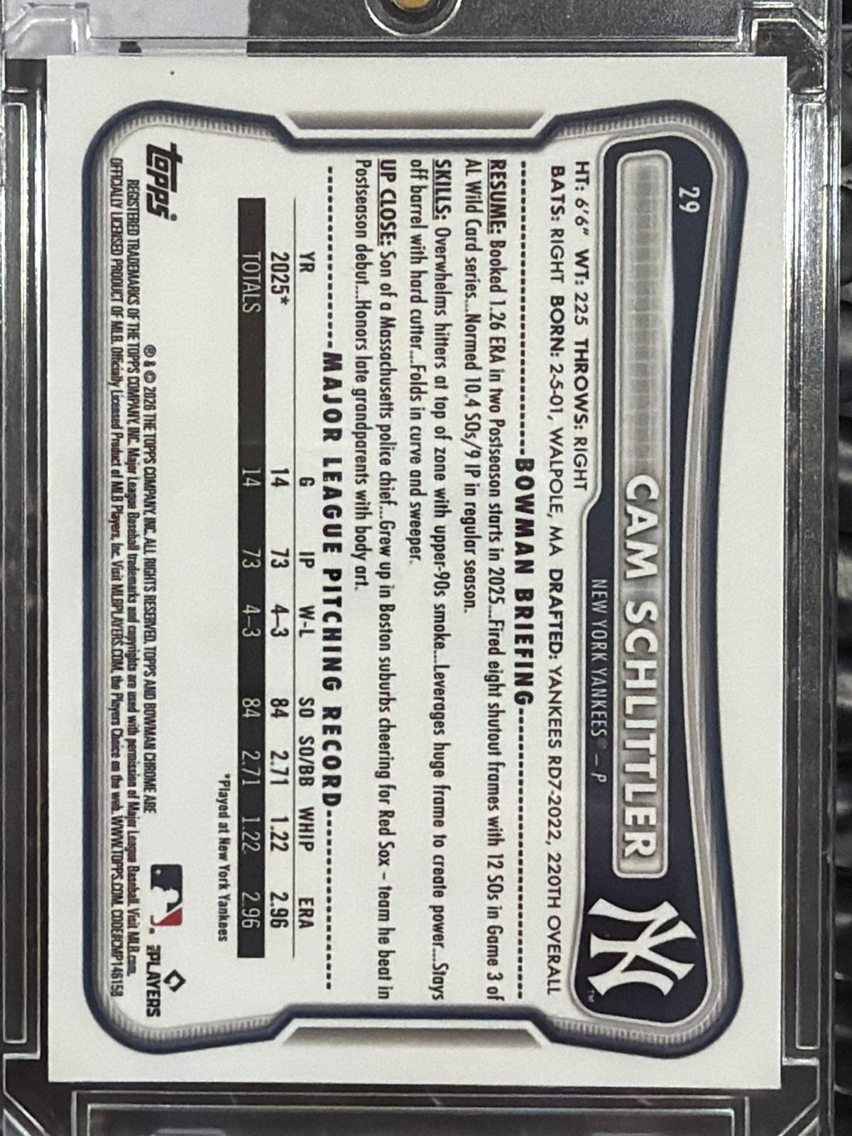 2026 Bowman Chrome Cam Schlittler #29 Refractor RC