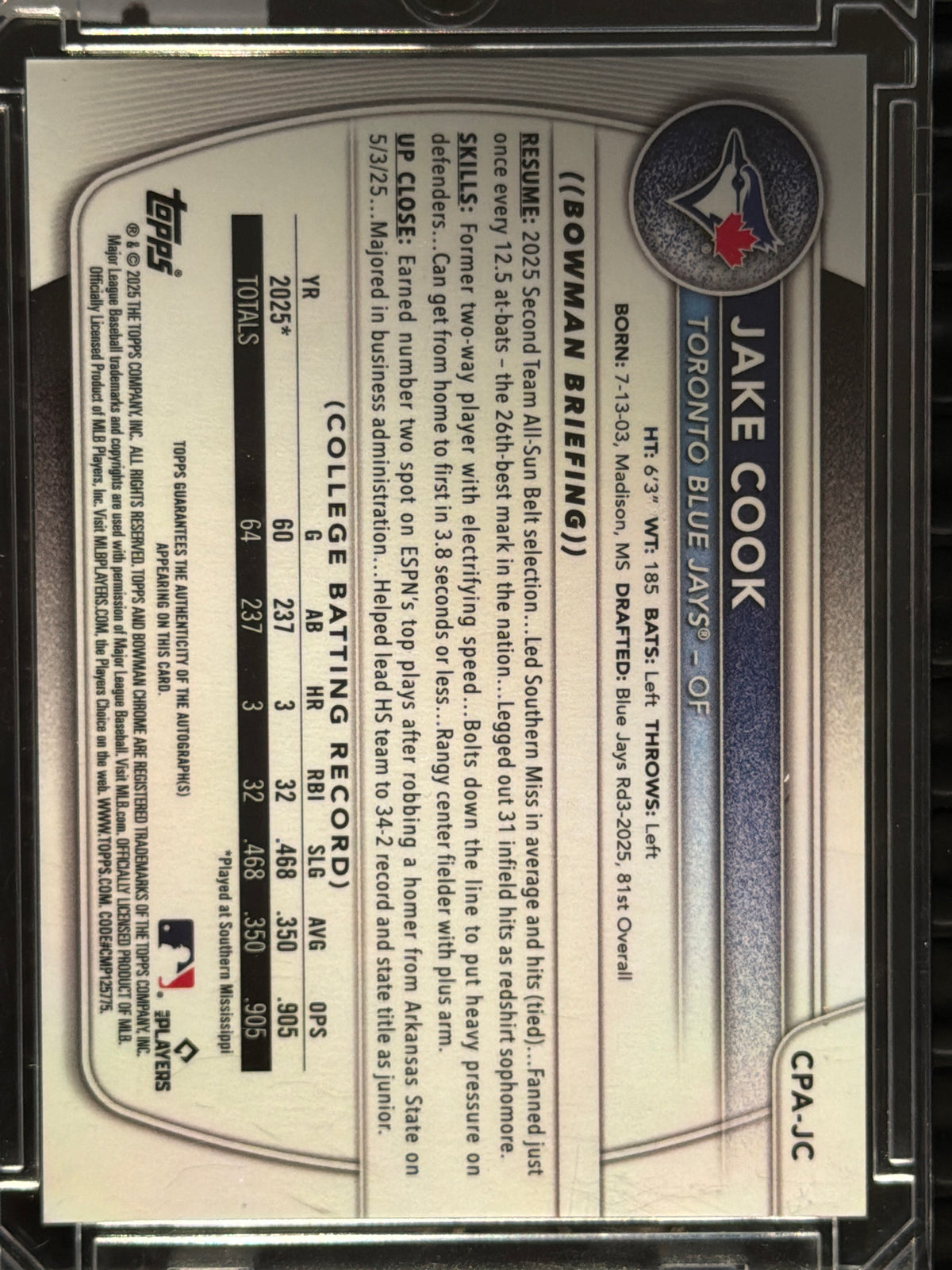 2025 Bowman Chrome Jake Cook #CPA-JC Blue Refractor /150