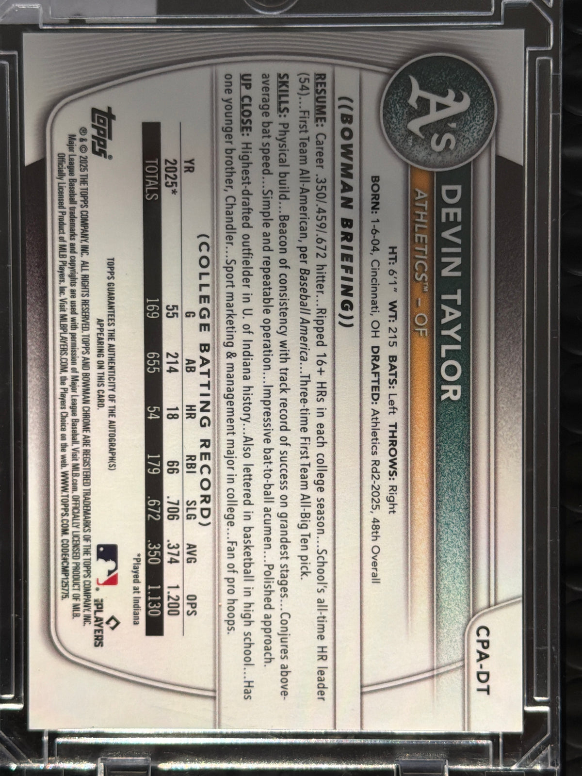 2025 Bowman Chrome Devin Taylor #CPA-DT Autograph 1st Bowman