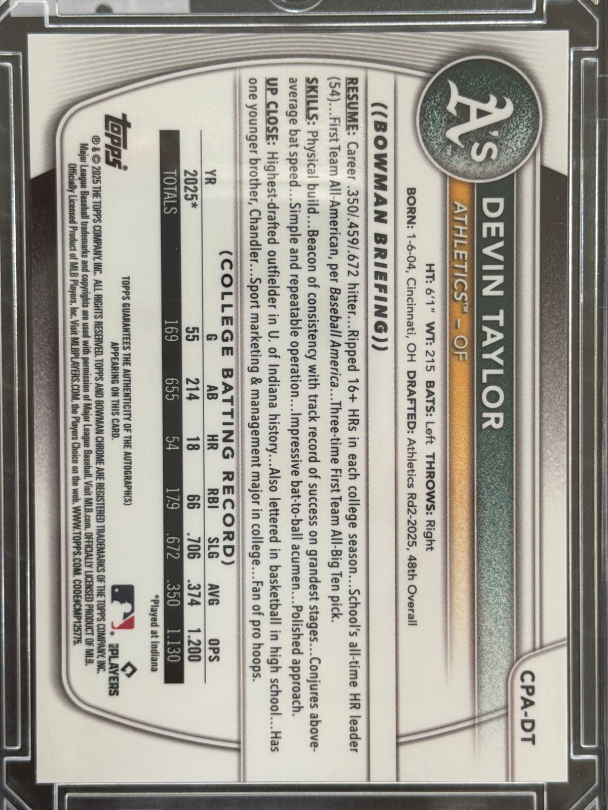 2025 Bowman Chrome Devin Taylor #CPA-DT Green Lava Shimmer Refractor /199