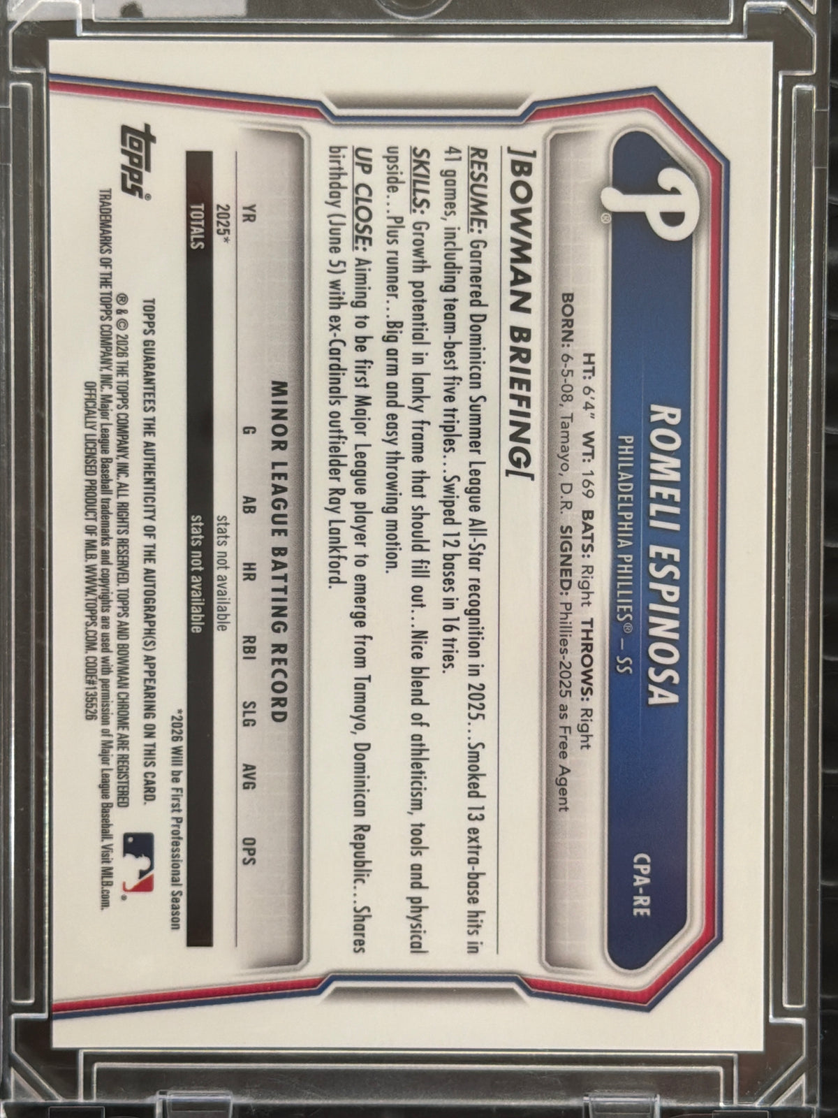 2026 Bowman Chrome Romeli Espinosa #CPA-RE Blue Refractor /150