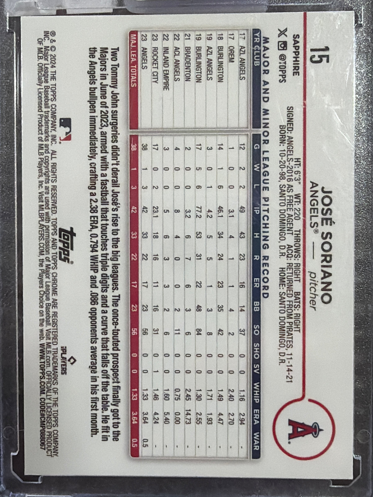 2024 Topps Chrome Sapphire Edition José Soriano #15 Gold Cracked Ice /50 RC