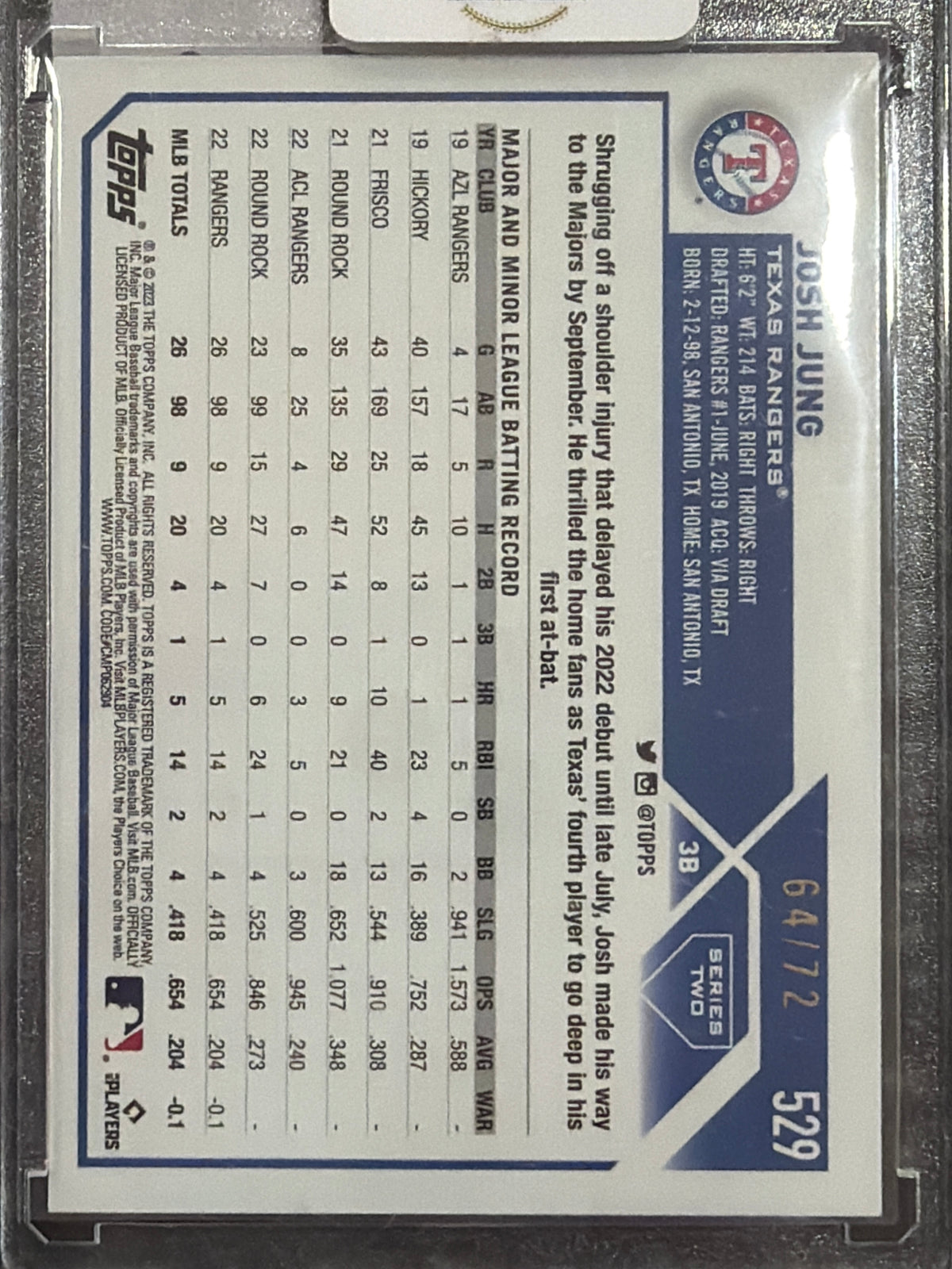 2023 Topps Series Two Josh Jung #529 Black /72 RC