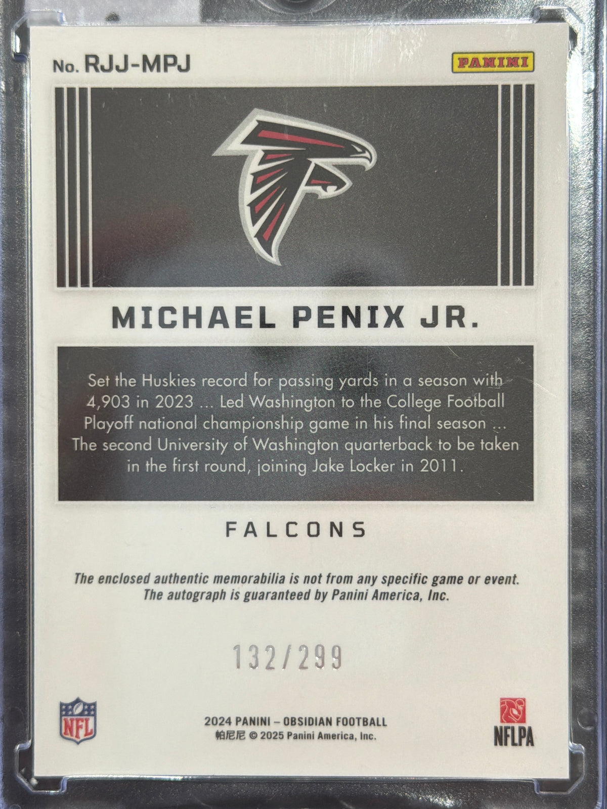 2025 Panini Obsidian Football Michael Penix Jr. #RJJ-MPJ /299 RC Memorabilia