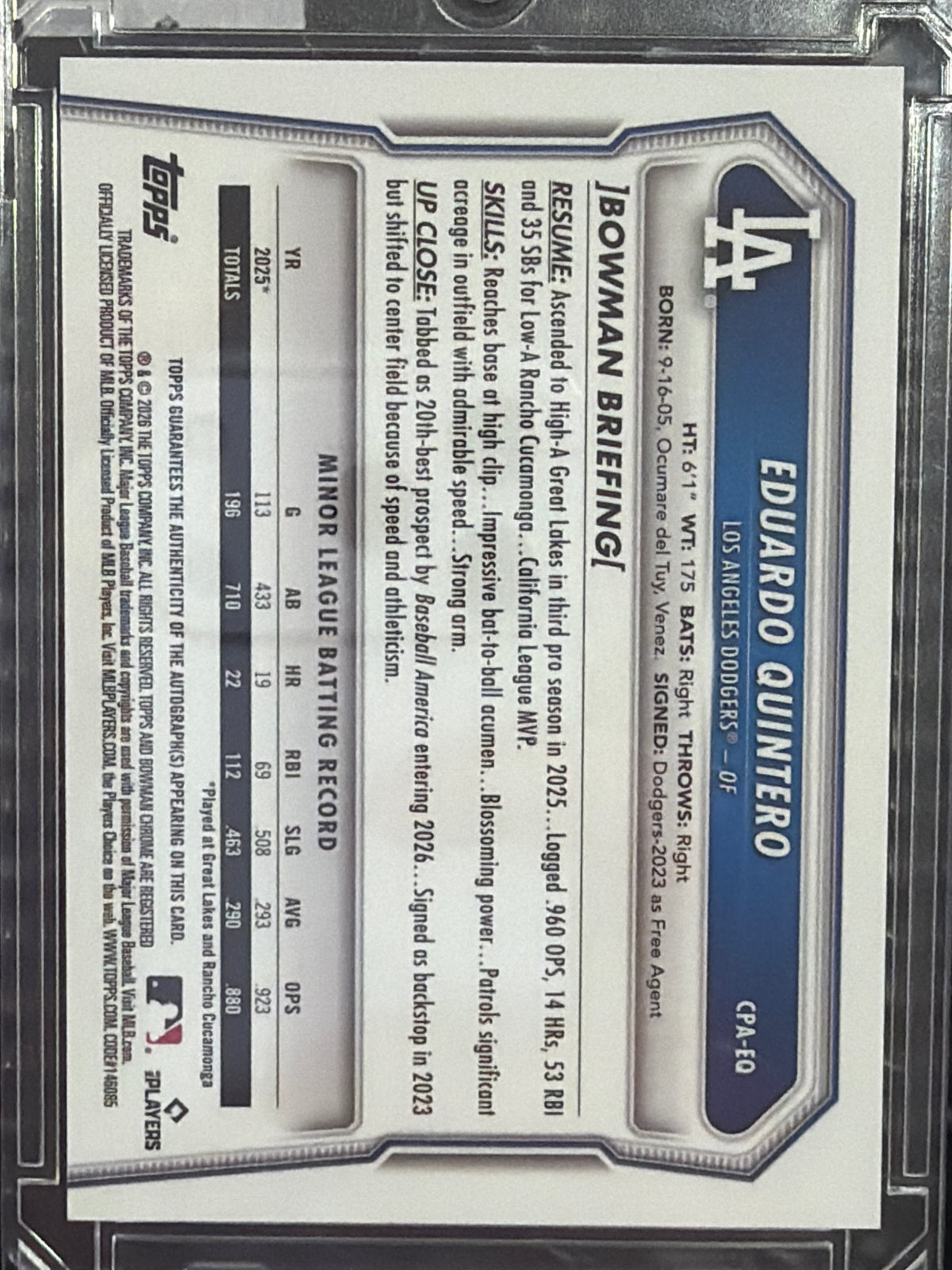 2026 Bowman Chrome Eduardo Quintero #CPA-EQ Green Mojo Refractor /99