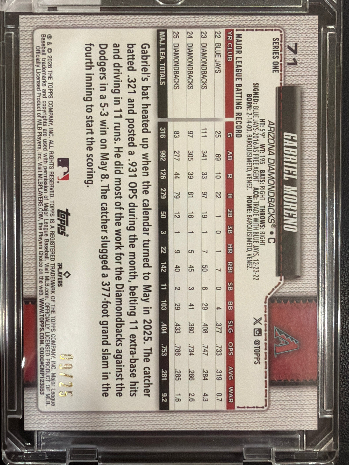 2026 Topps Series One Gabriel Moreno #71 Wood