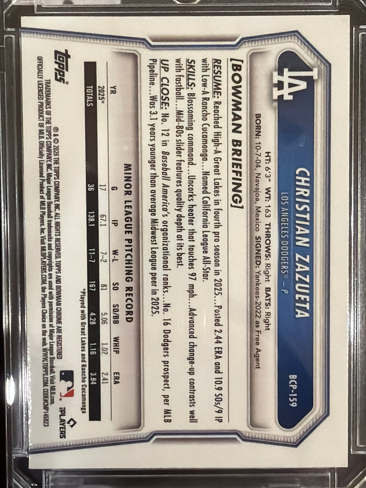 2026 Bowman Chrome Christian Zazueta #BCP-159 Purple Refractor /250